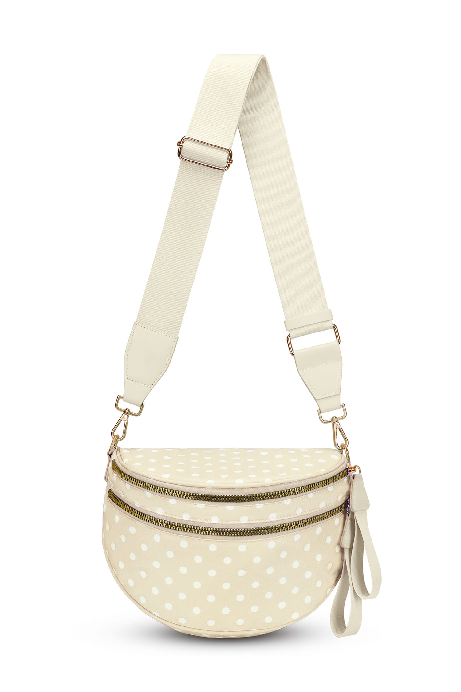 Beige Retro Polka Dot Print Double Zip Crossbody Bag