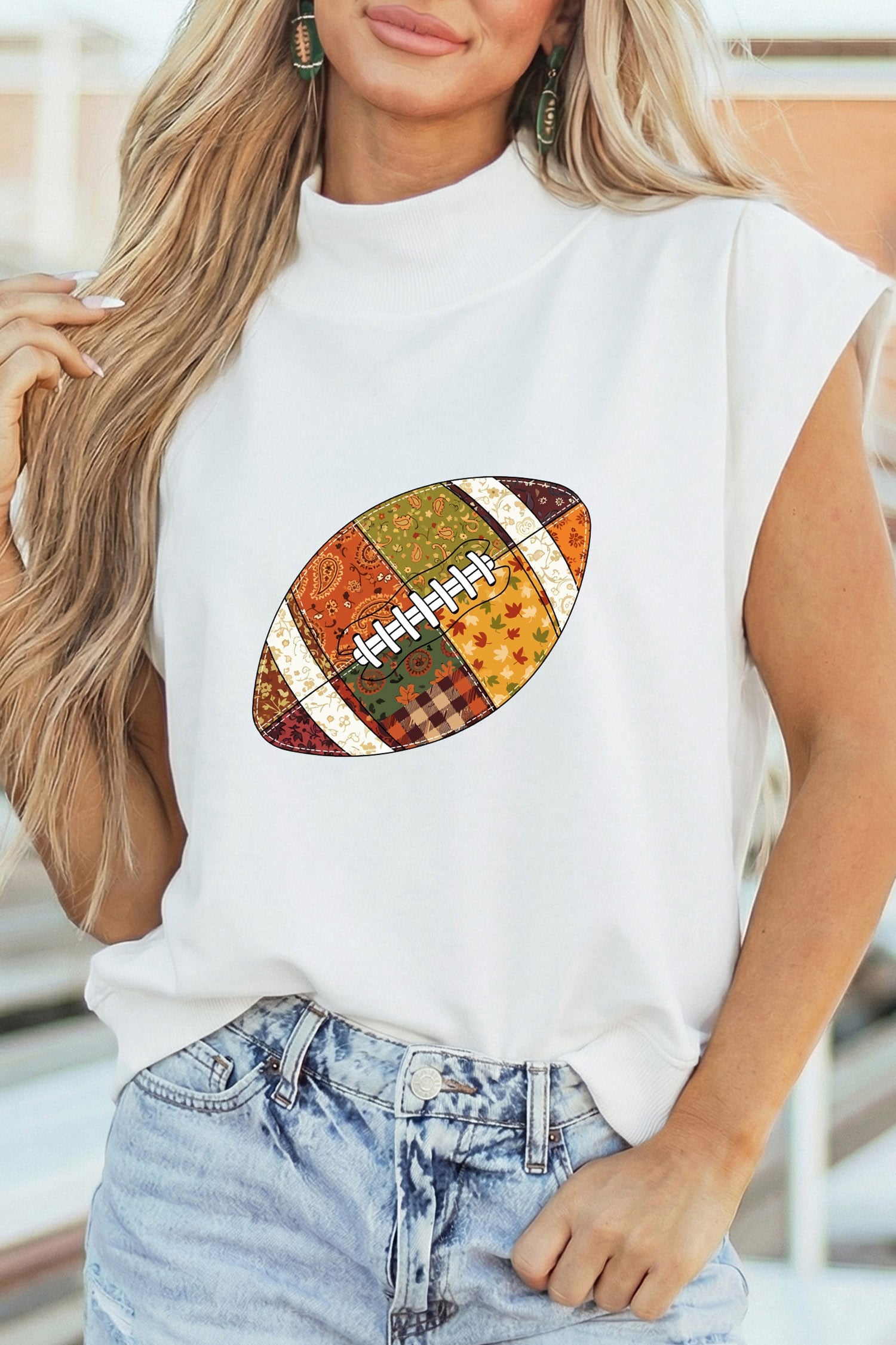 White Patchwork Rugby Print High Neck Cap Sleeve Game Day Top