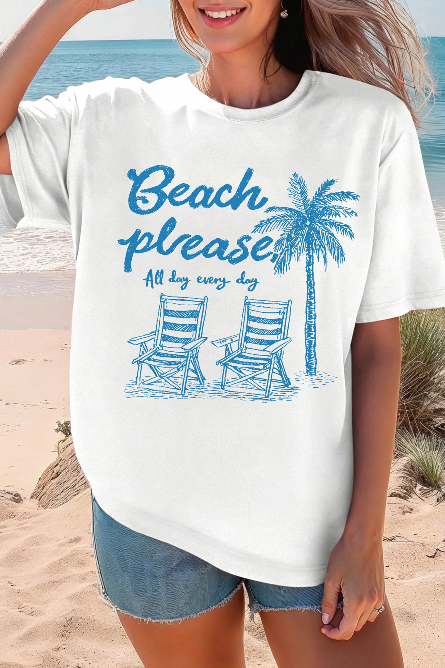 White Beach Vacation Theme Printed Loose Tee