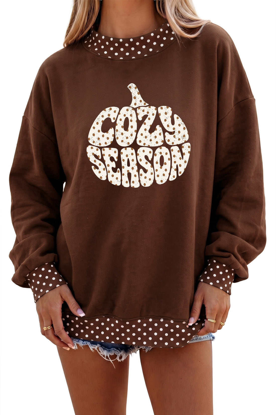 Brown Polka Dot COZY SEASON Pumpkin Graphic Sweatshirt