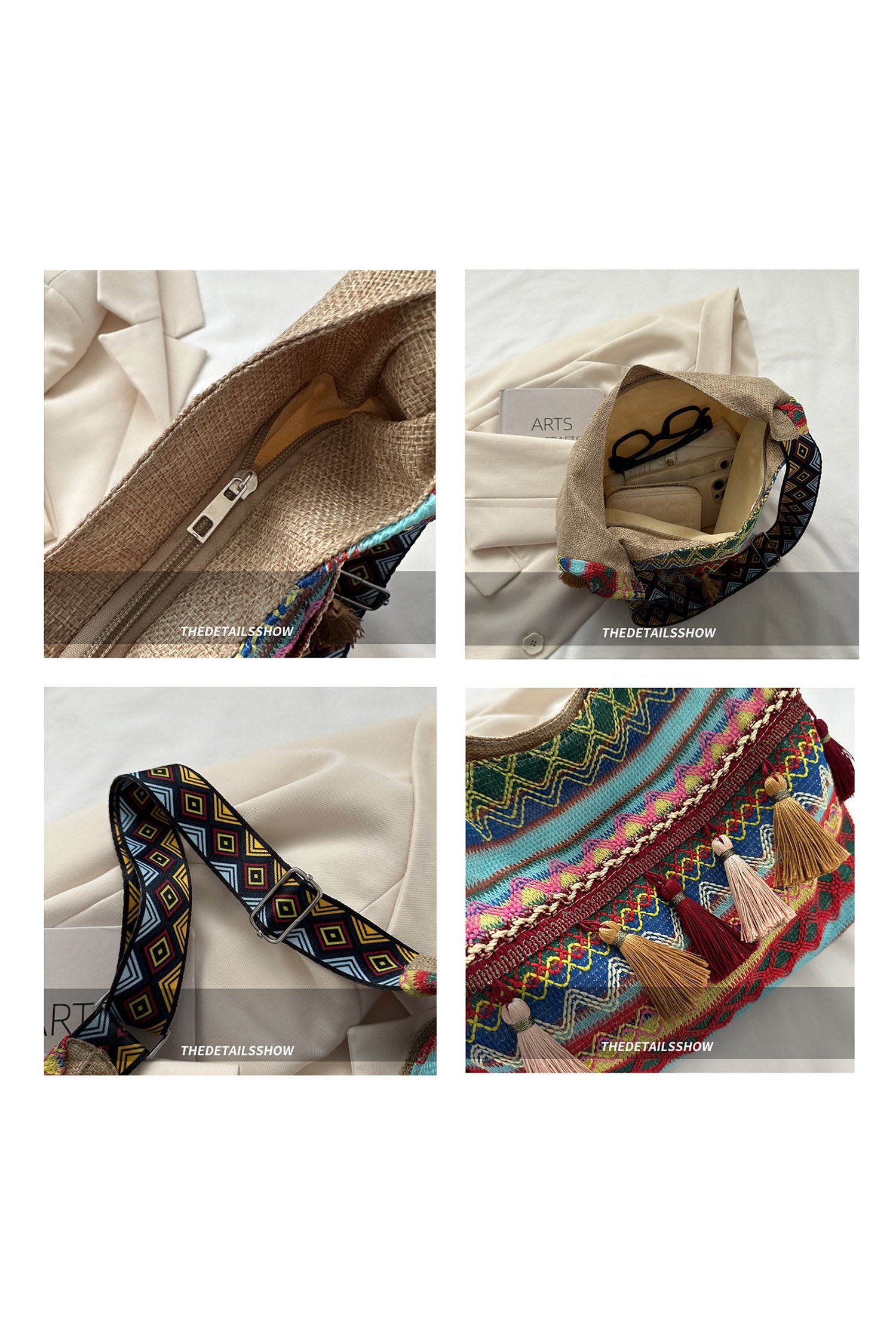 Beau Blue Boho Geometric Pattern Tassel Detail Canvas Tote Bag