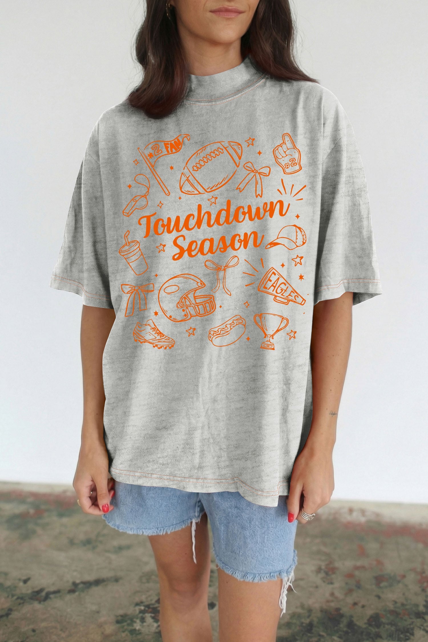 Light Grey Game Day Touchdown Season Graphic Reversible Mock Neck Tee