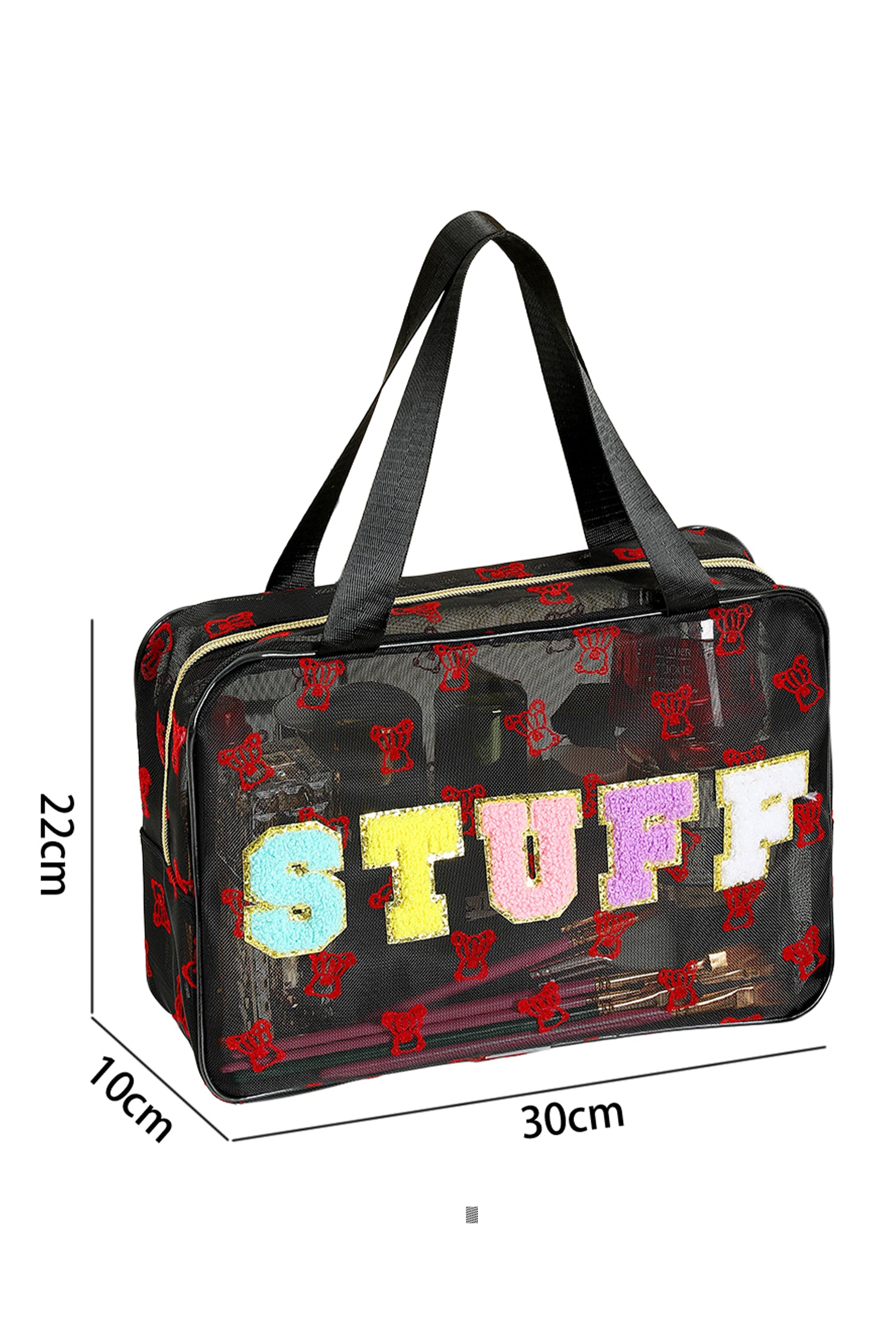 Color black STUFF Chenille Letter Patched Teddy Bear Mesh Lightweight Makeup Bag