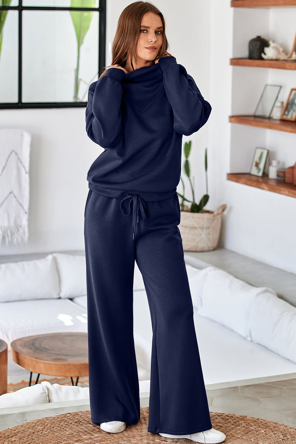 Navy Blue Solid Color Cowl Neck Drawstring Pullover Wide Leg Athleisure Pants Set