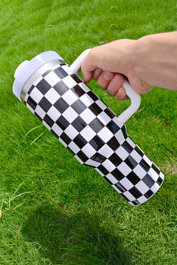 Black Checkered Print Handled Stainless Steel Tumbler Cup 40oz