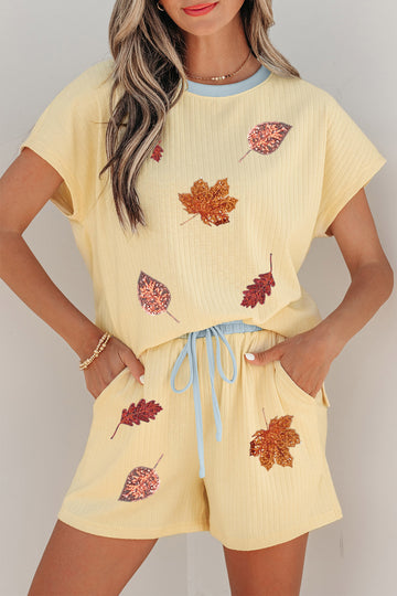 Yellow Cream Ribbed Color Block Trim Sequin Leaf Graphic Short 2pcs Set