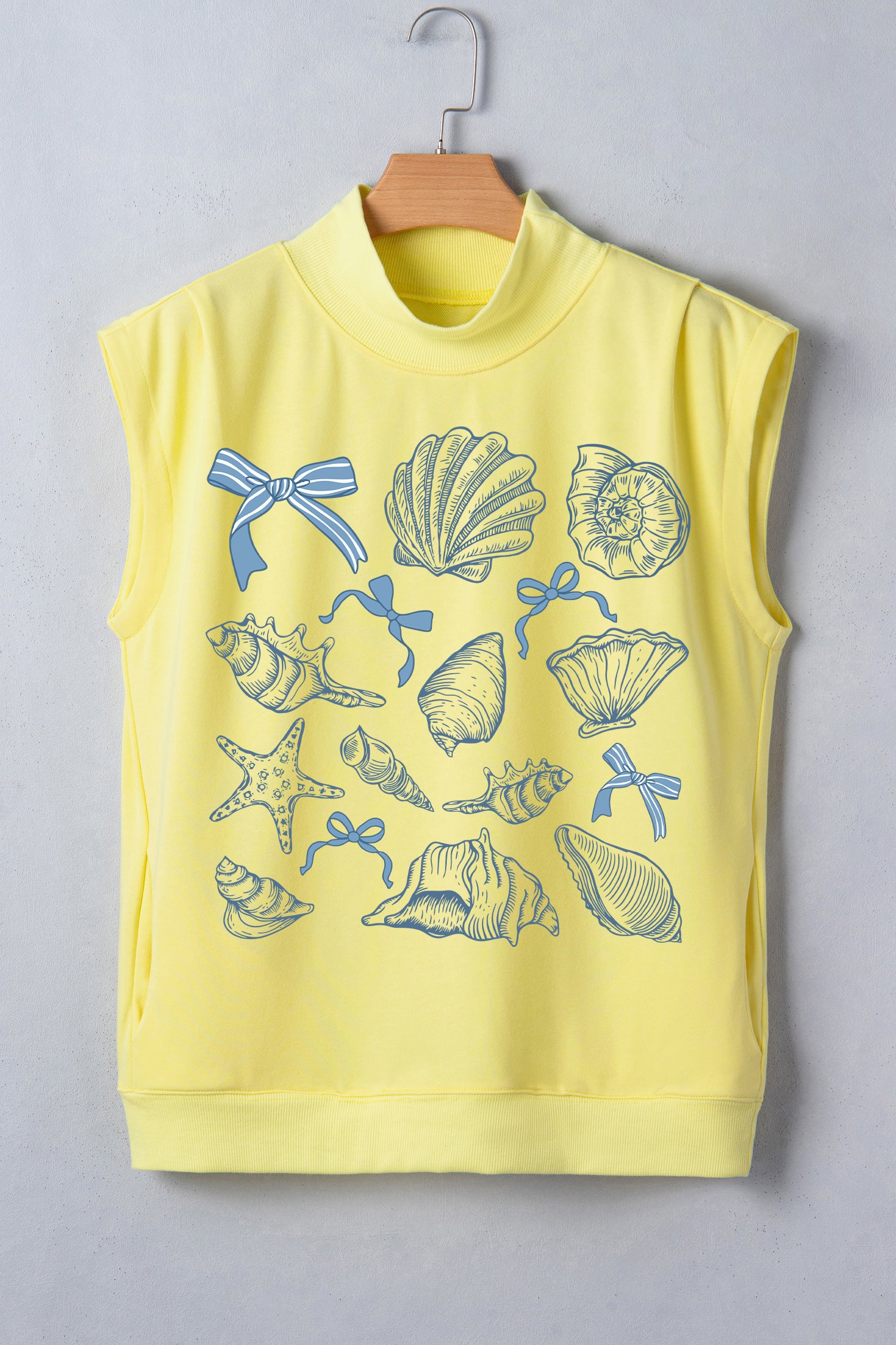 Yellow Bow Seashell Pattern High Neck Short Sleeve Top