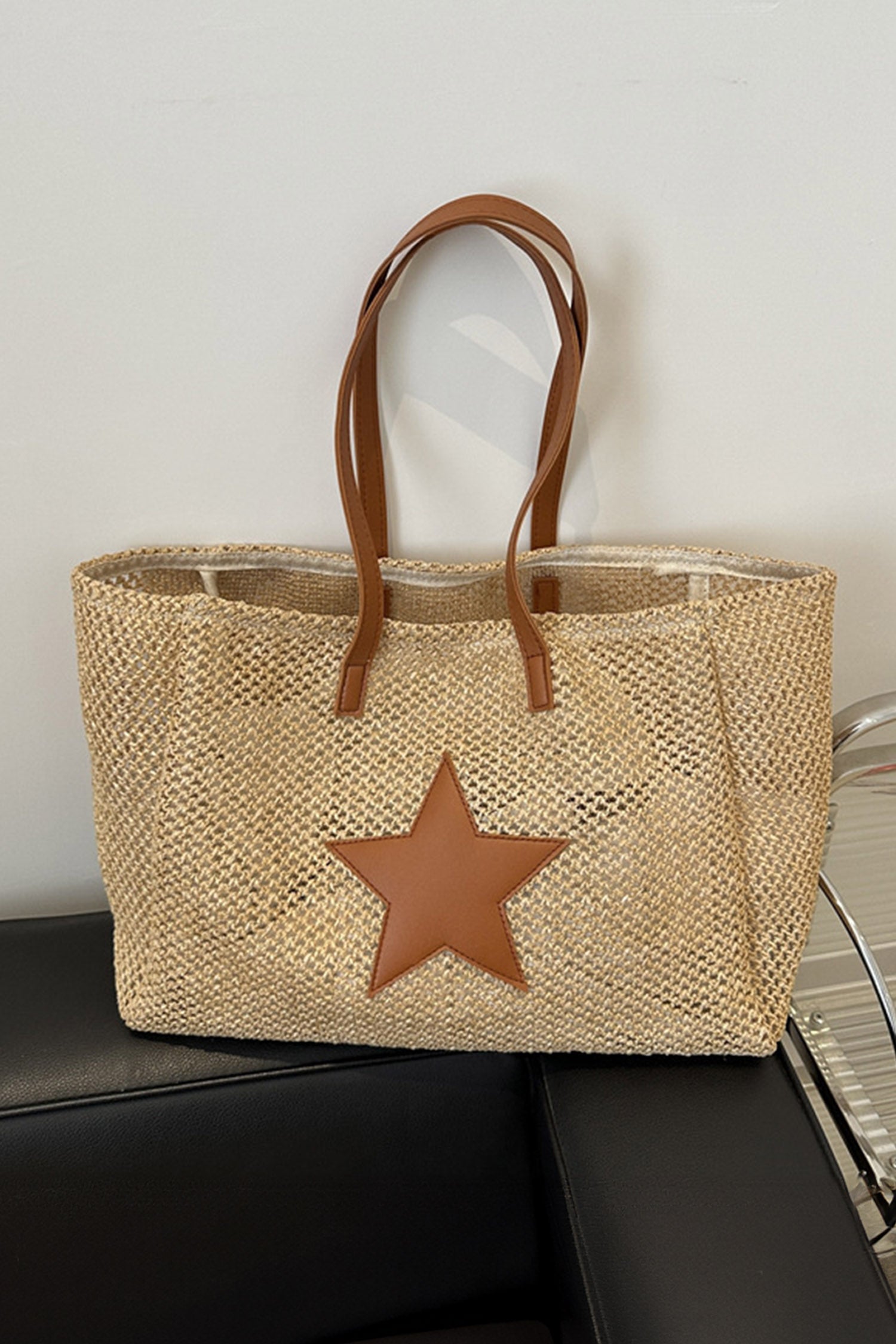 Parchment Boho Straw Woven Contrast Leather Star Detail Tote Bag