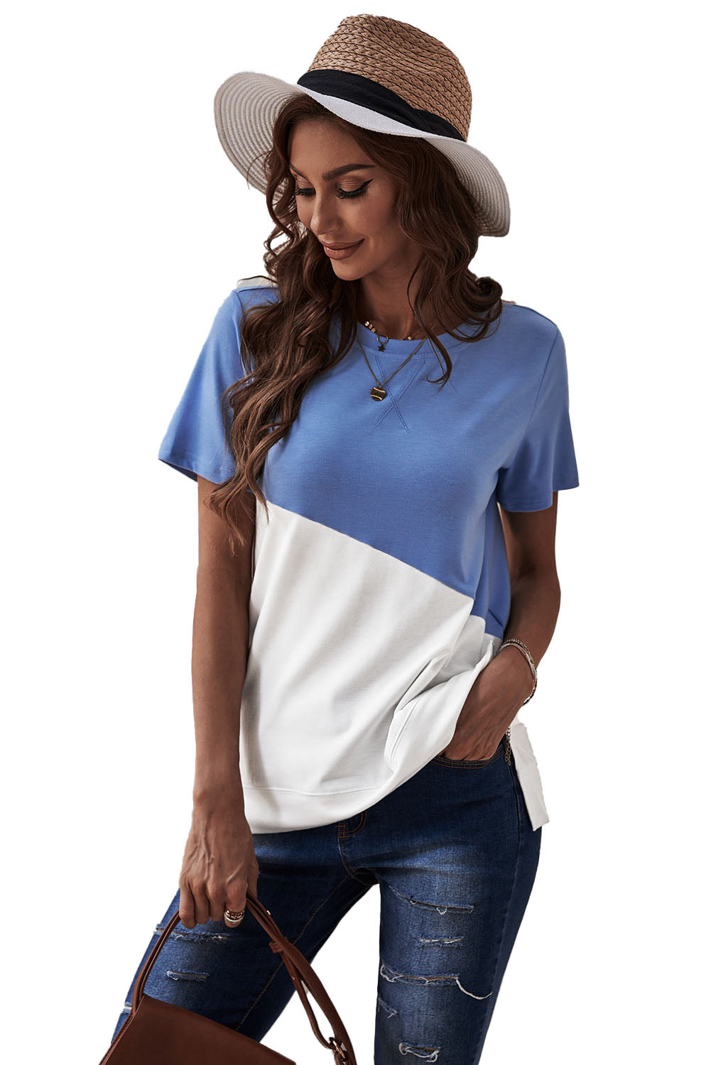 Sky Blue Crew Neck Colorblock Tee