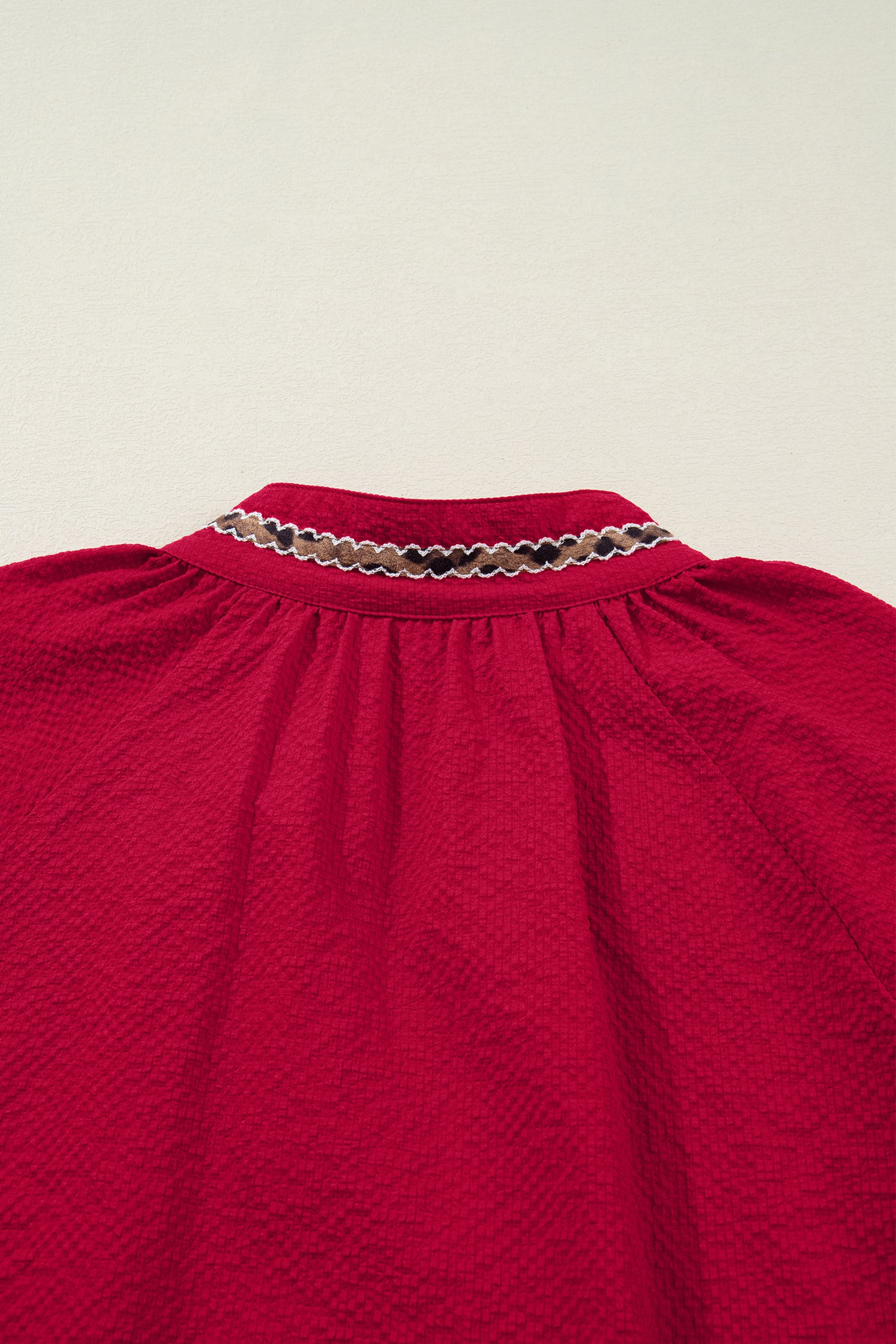 Racing Red Leopard Jacquard Print V Neck Textured Blouse
