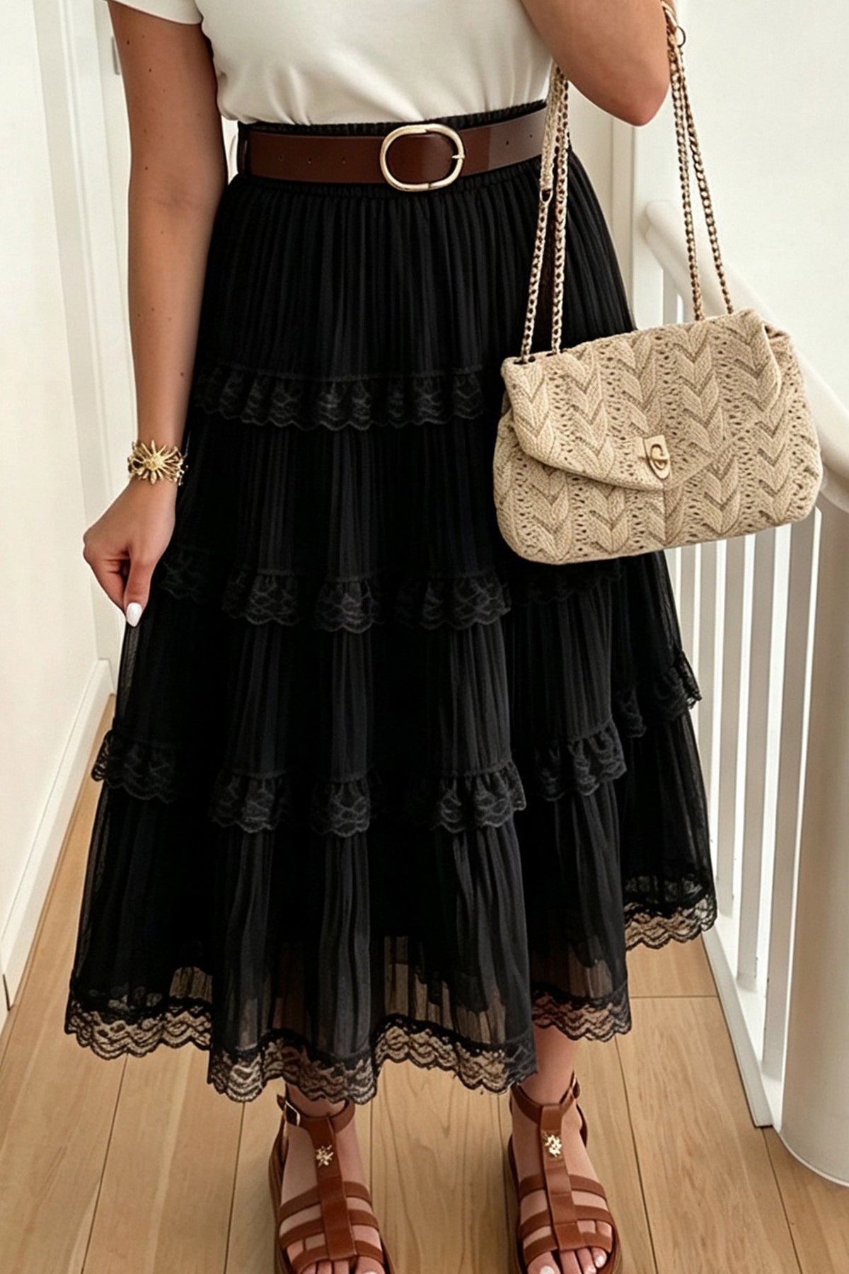 Black Pleated Tiered Lace Trim Maxi Skirt