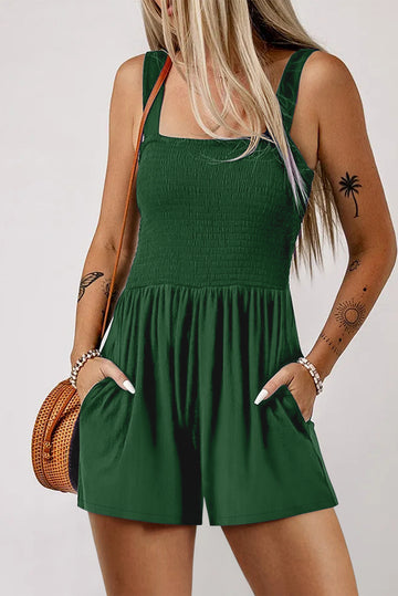 Green Casual Pocketed Smocked Sleeveless Romper