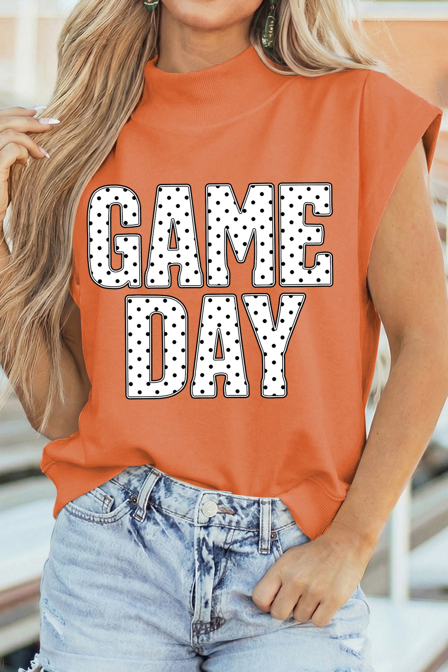 Orange Polka Dot Letter Print GAME Day High Neck Short Sleeve Top