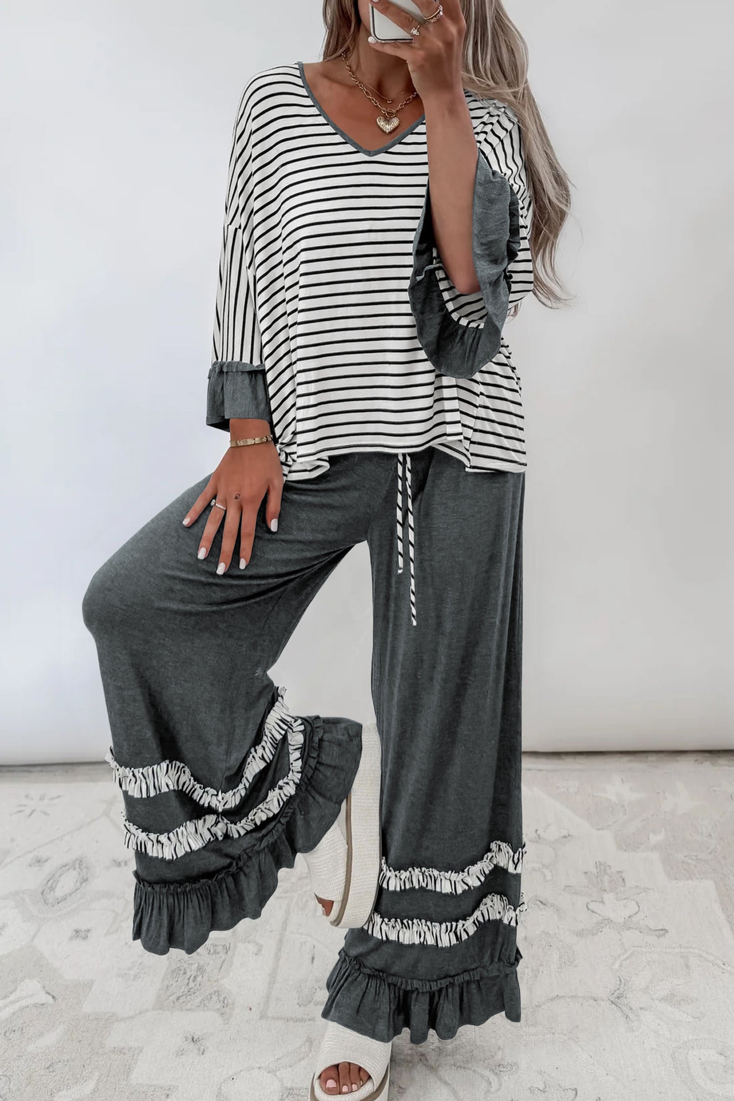 Gray Stripe V Neck Ruffle Contrast Sleeve Top Drawstring Pants 2pcs Set