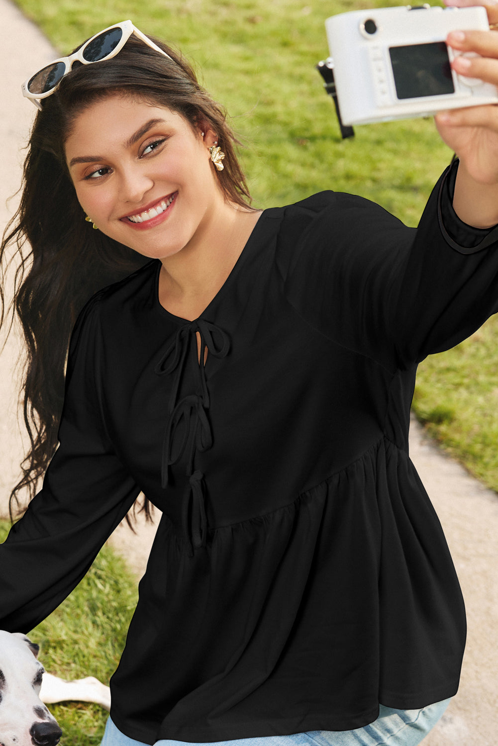 Black Solid Color Bow Tie Front Long Sleeve Plus Size Peplum Blouse