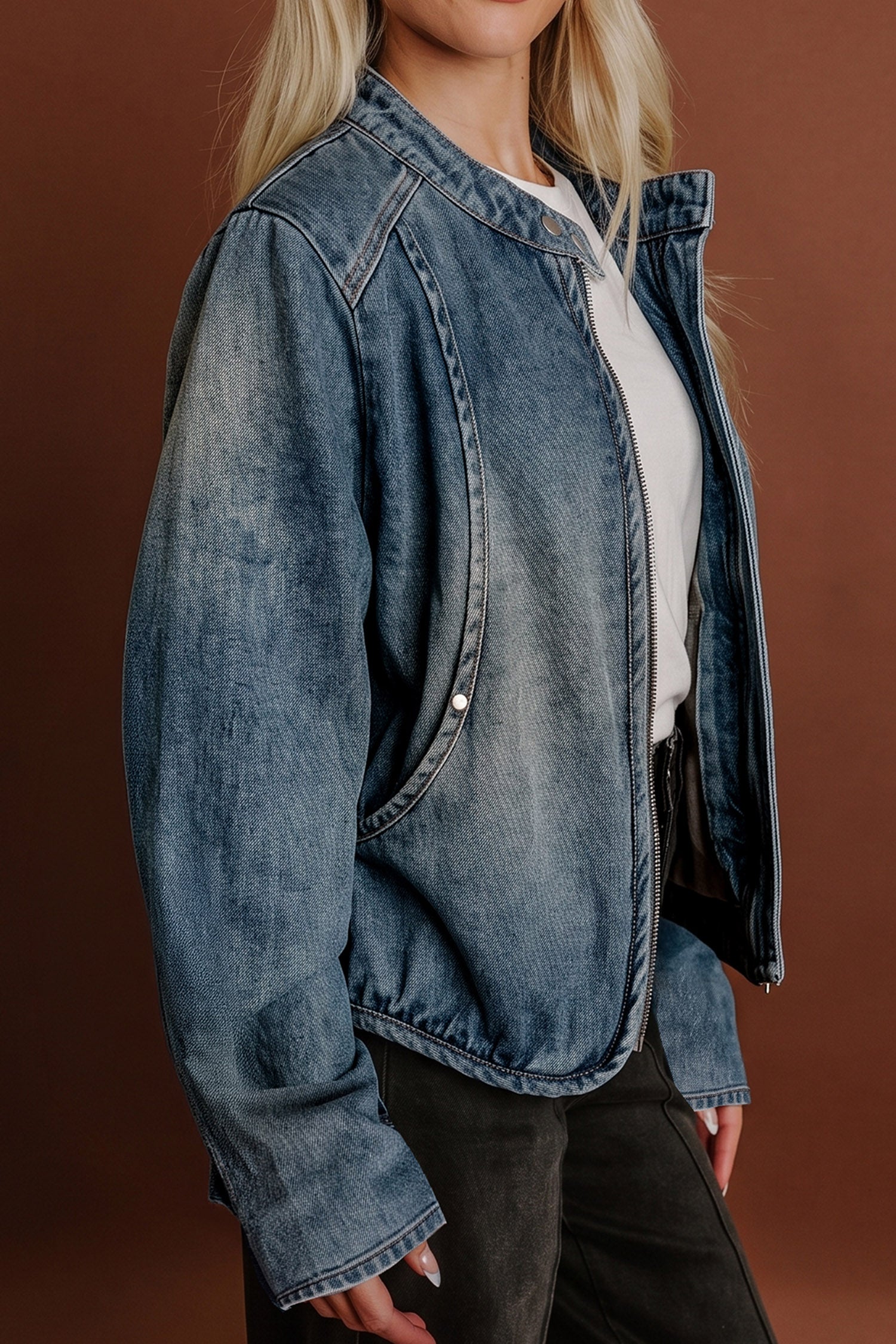 Navy Blue Button Collar Zip Up Vintage Washed Denim Jacket