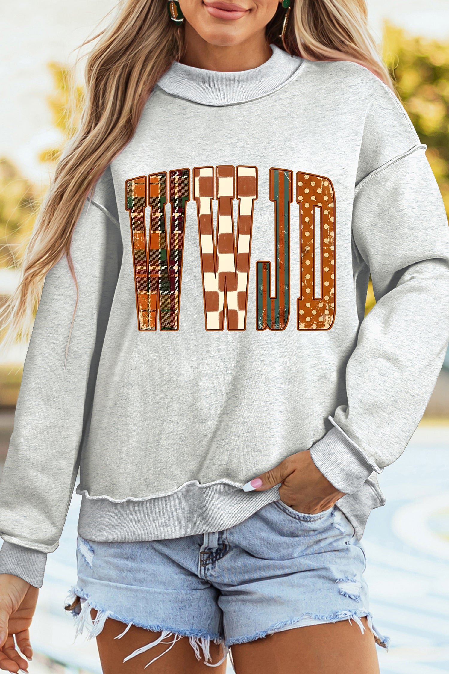 Light Grey WWJD Graphic Mock Neck Oversized Sweatshirt