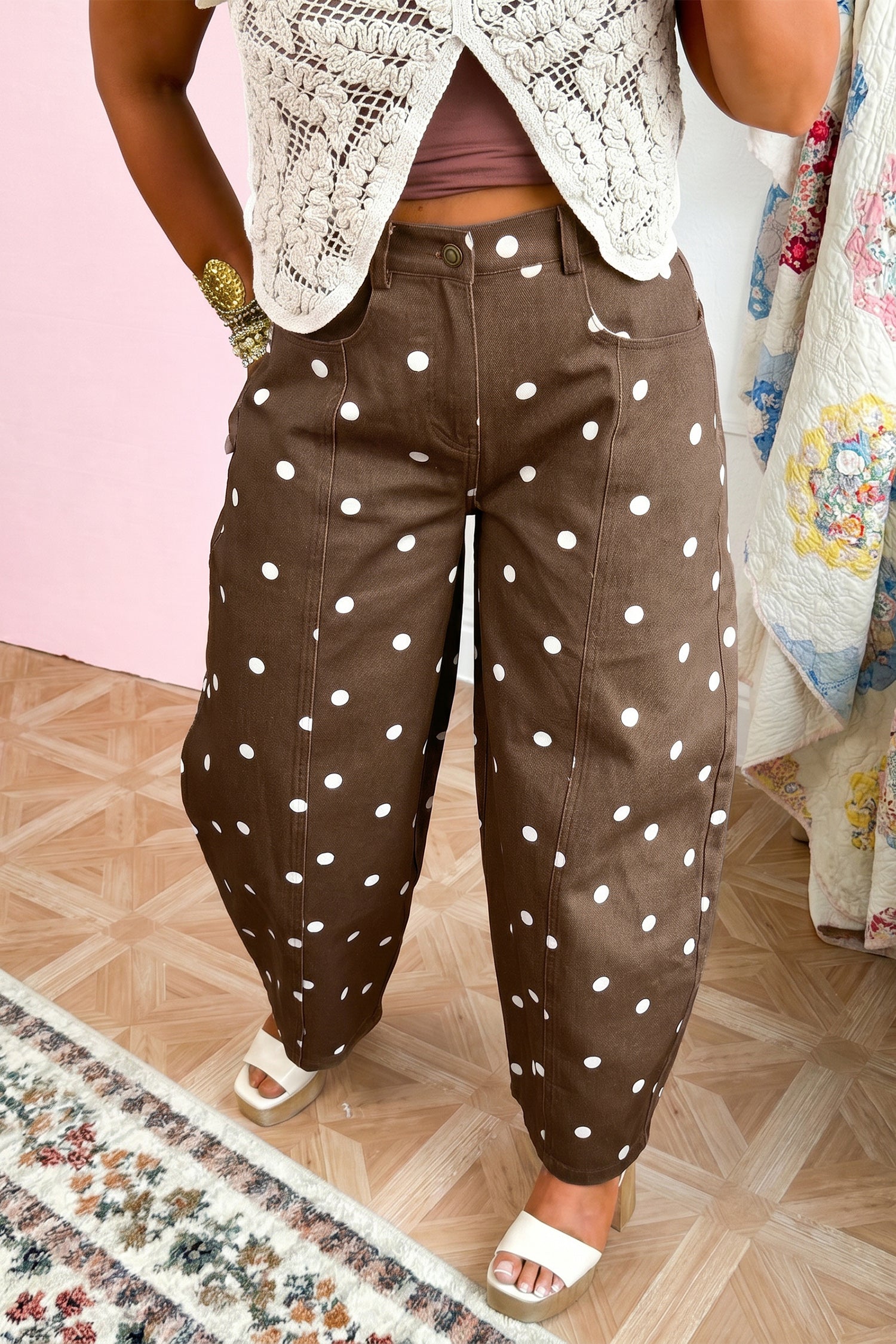 Brown Tailored Seam Polka Dot Print Barrel Casual Jeans