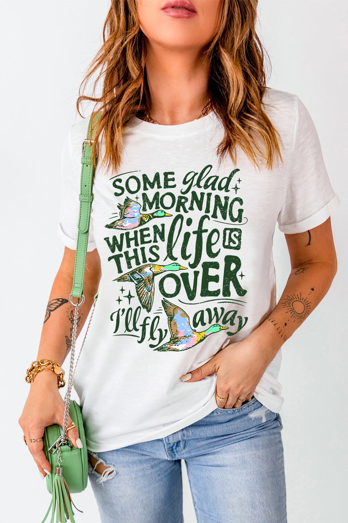White Life Slogan Western Flying Mallard Print Relaxed T Shirt