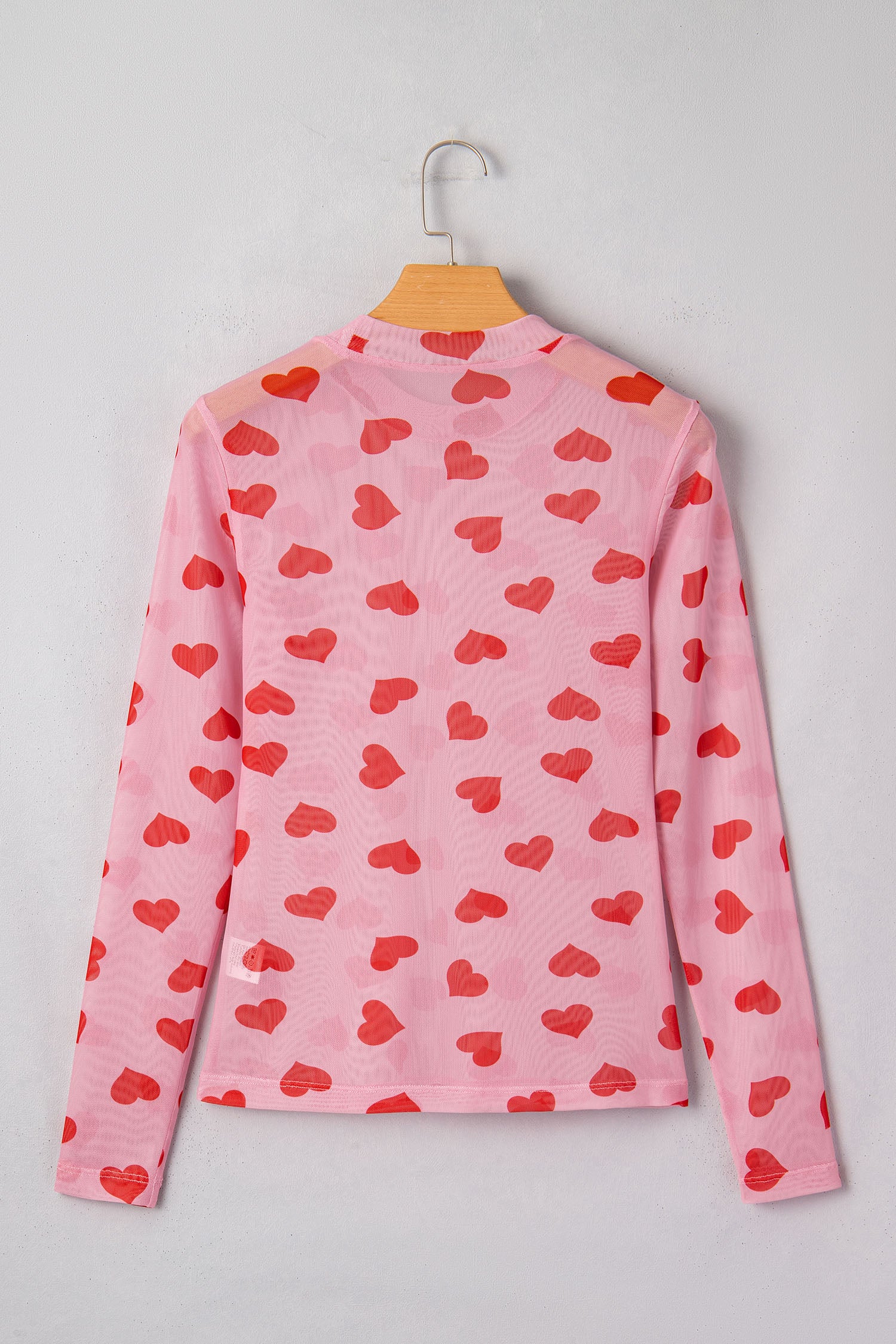 Pink Valentines Heart Printed Sheer Mesh Long Sleeve Top
