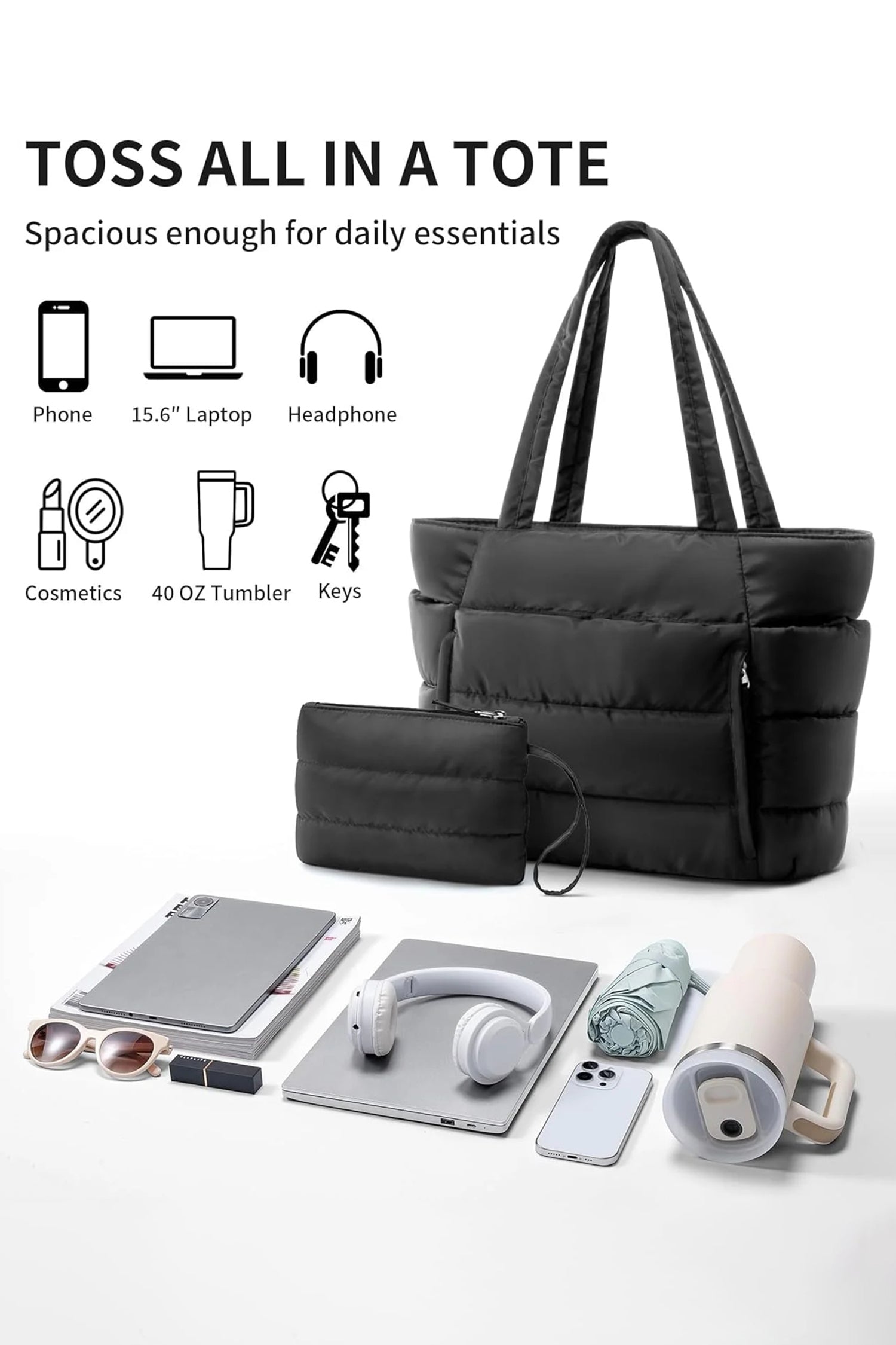 Color black Solid Color Puffy Quilted Large Tote Bag