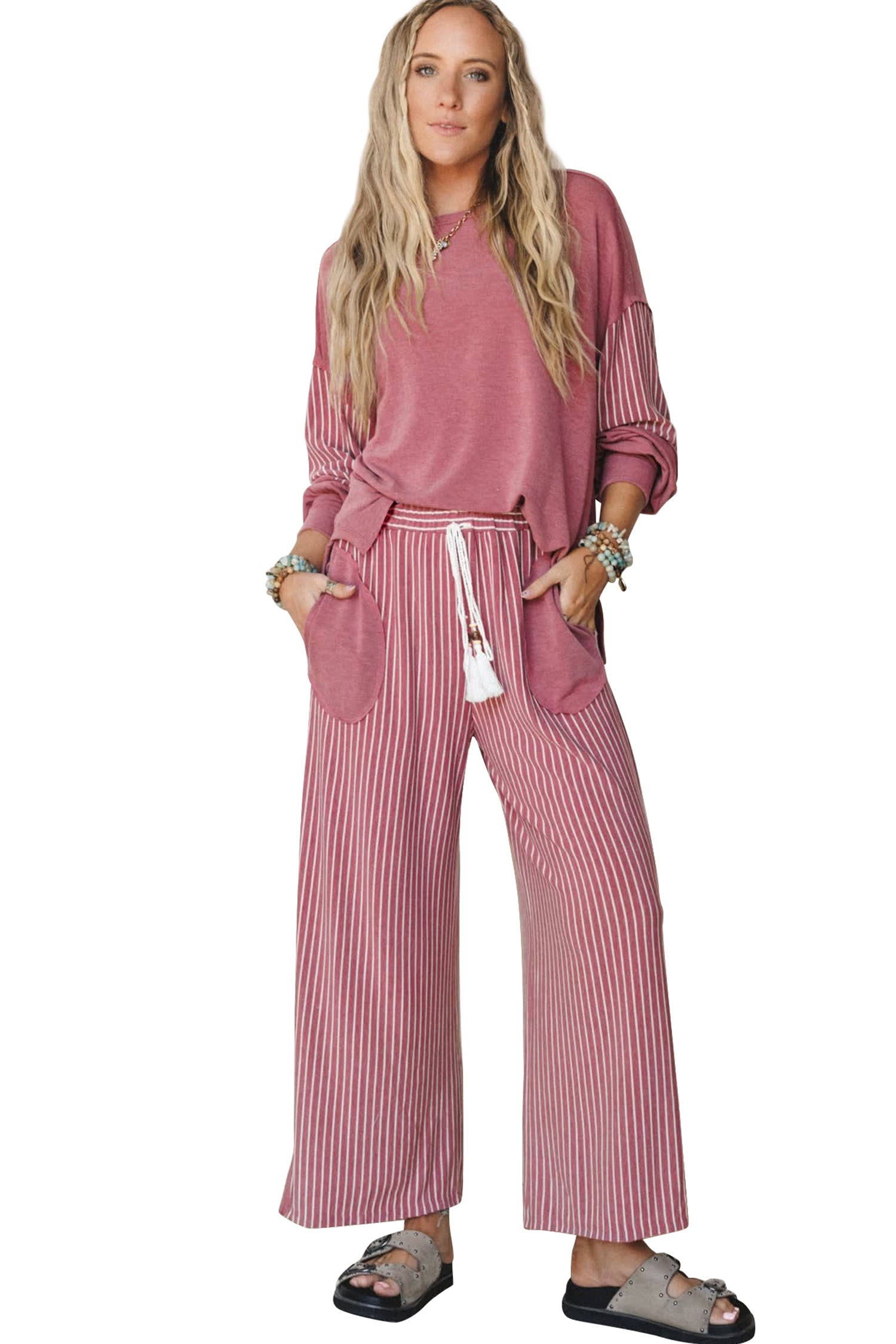 Fushia Raw Seam Patchwork Long Sleeve Top Pocket Casual Pants 2pcs Set