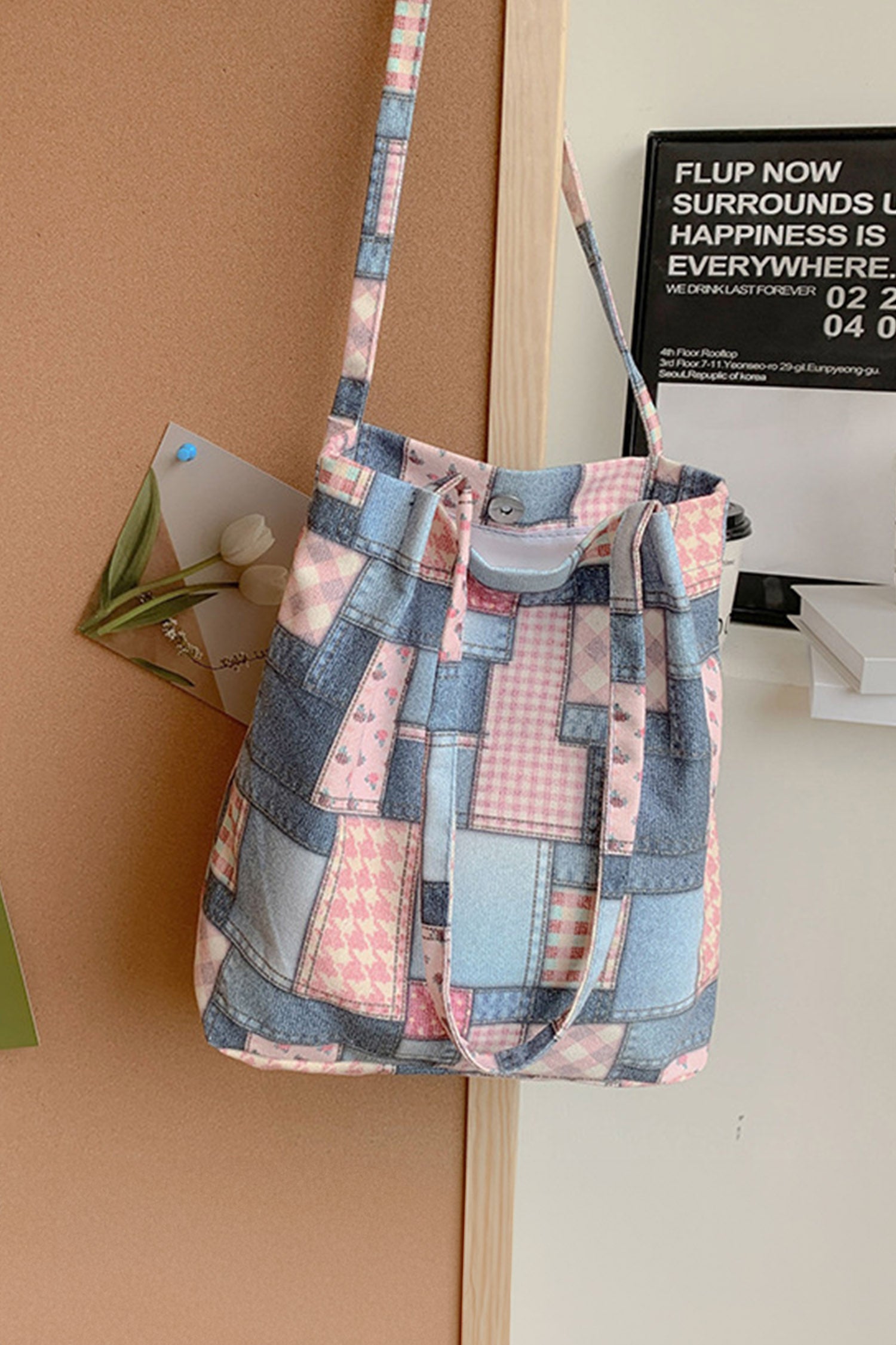 Pink Vintage Plaid Patchwork Print Canvas Tote Bag