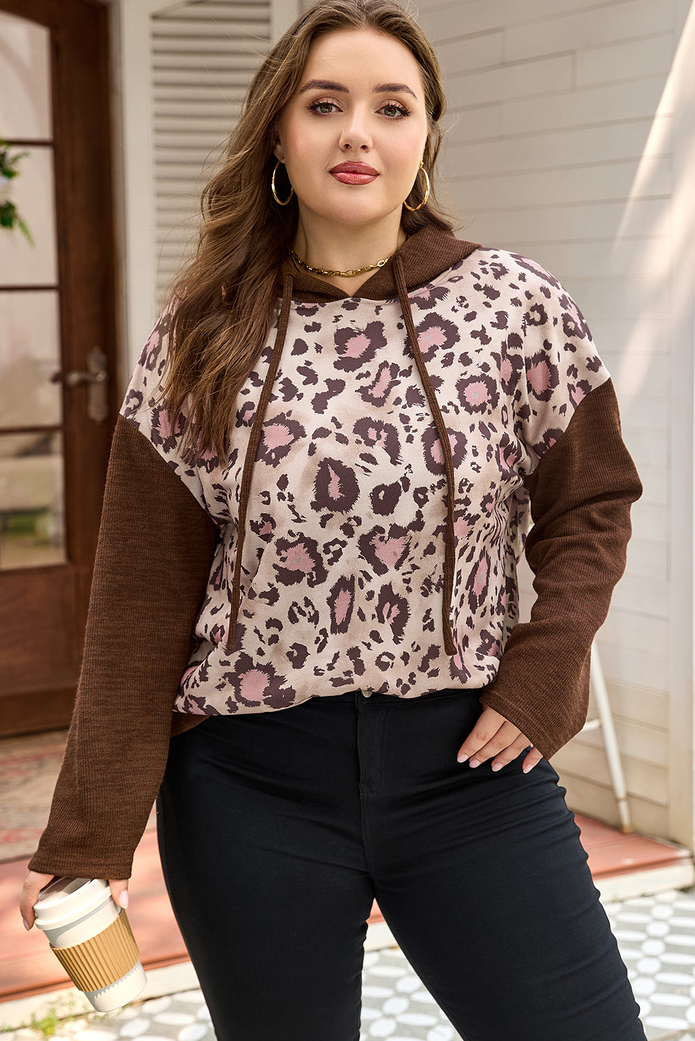 Brown Leopard Print Knit Patchwork Plus Hoodie