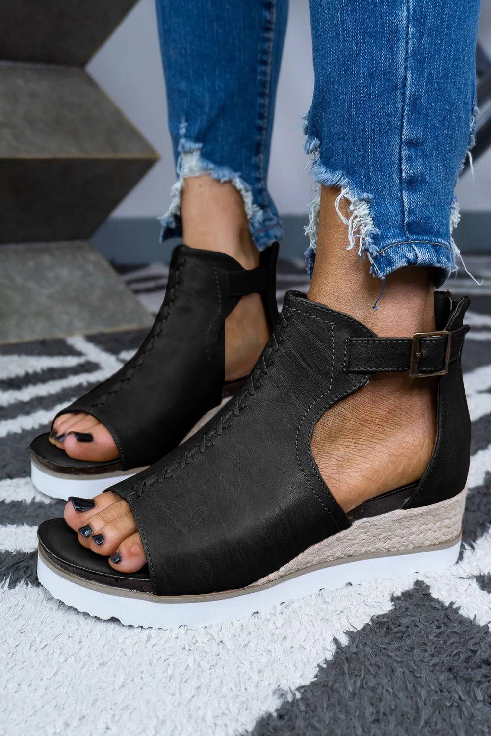 Black PU Cutout Buckle Strap Platform Sandals