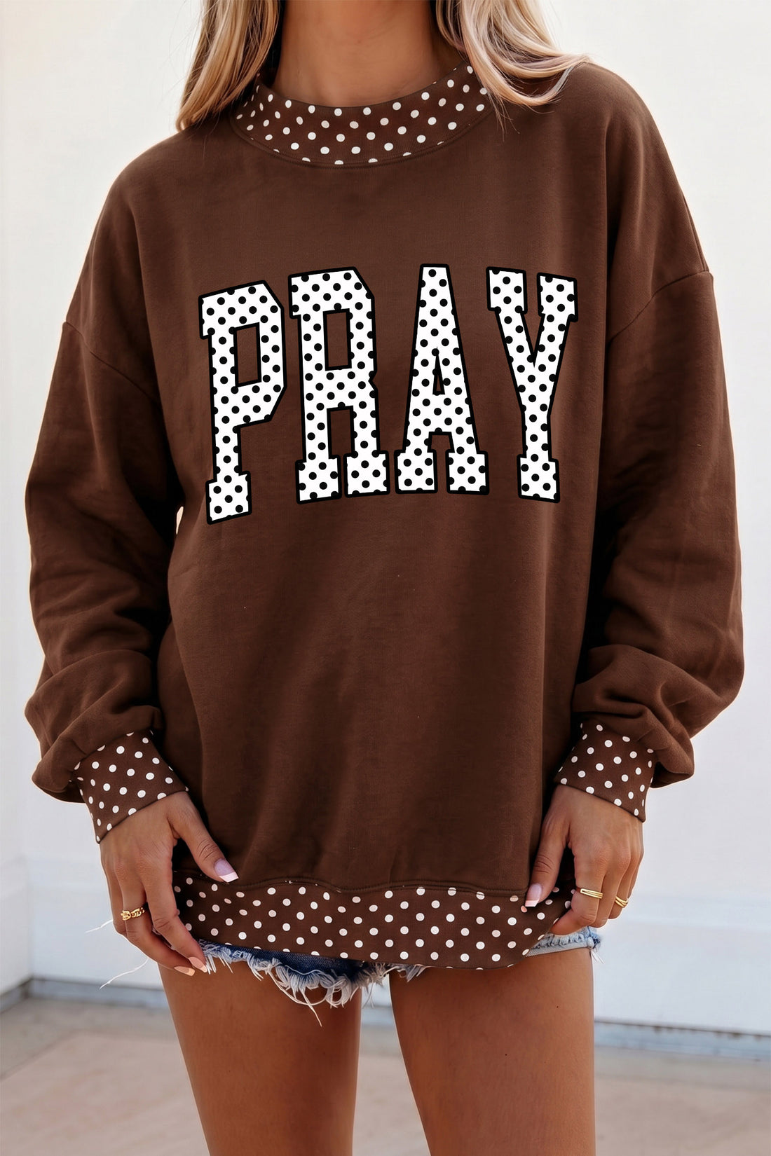 Brown Polka Dot PRAY Slogan High Neck Tunic Sweatshirt