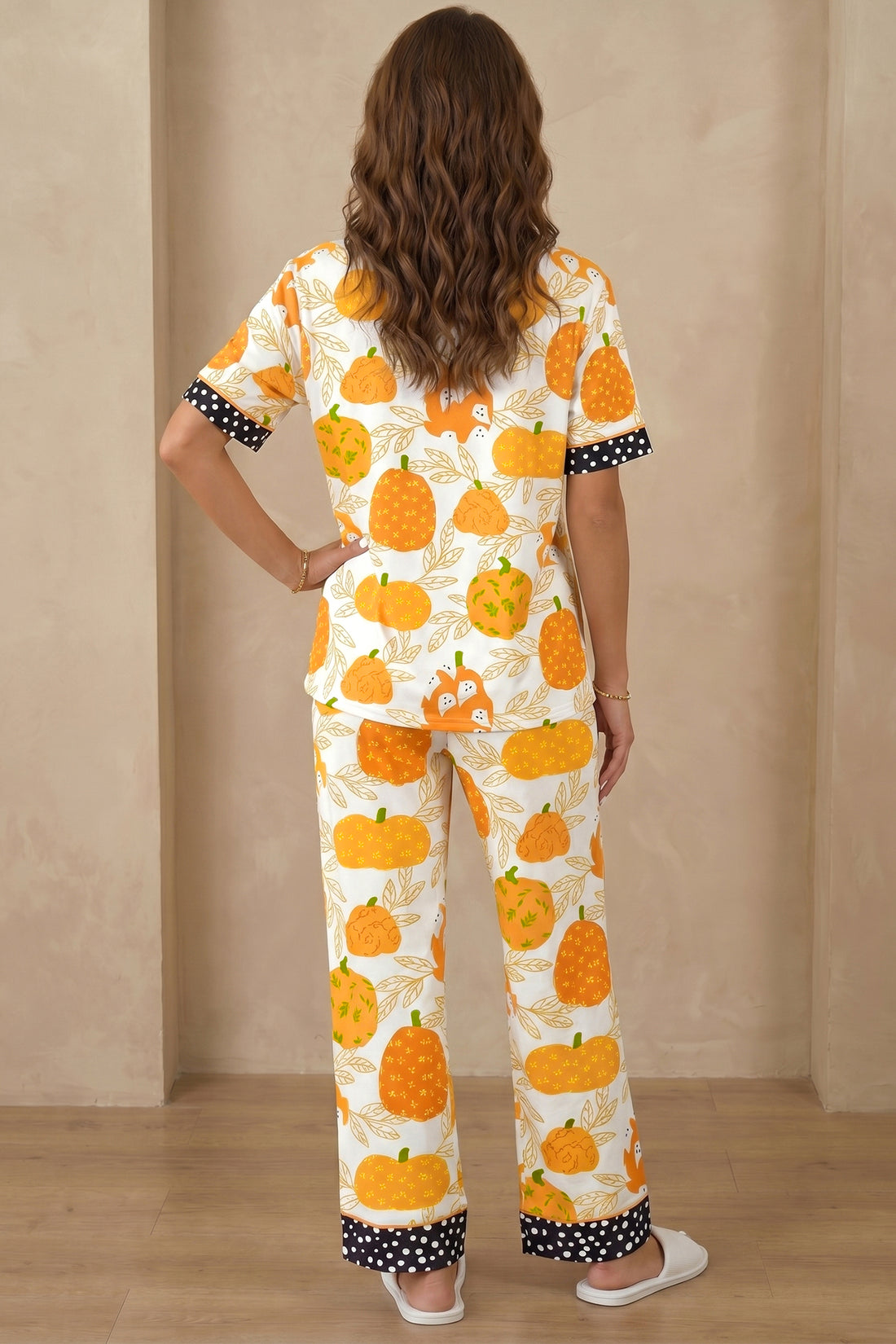 Orange Short Sleeve Pumpkin Print Polka Dot Trim Pocket Pocket Placket Home Wear Lounge Set