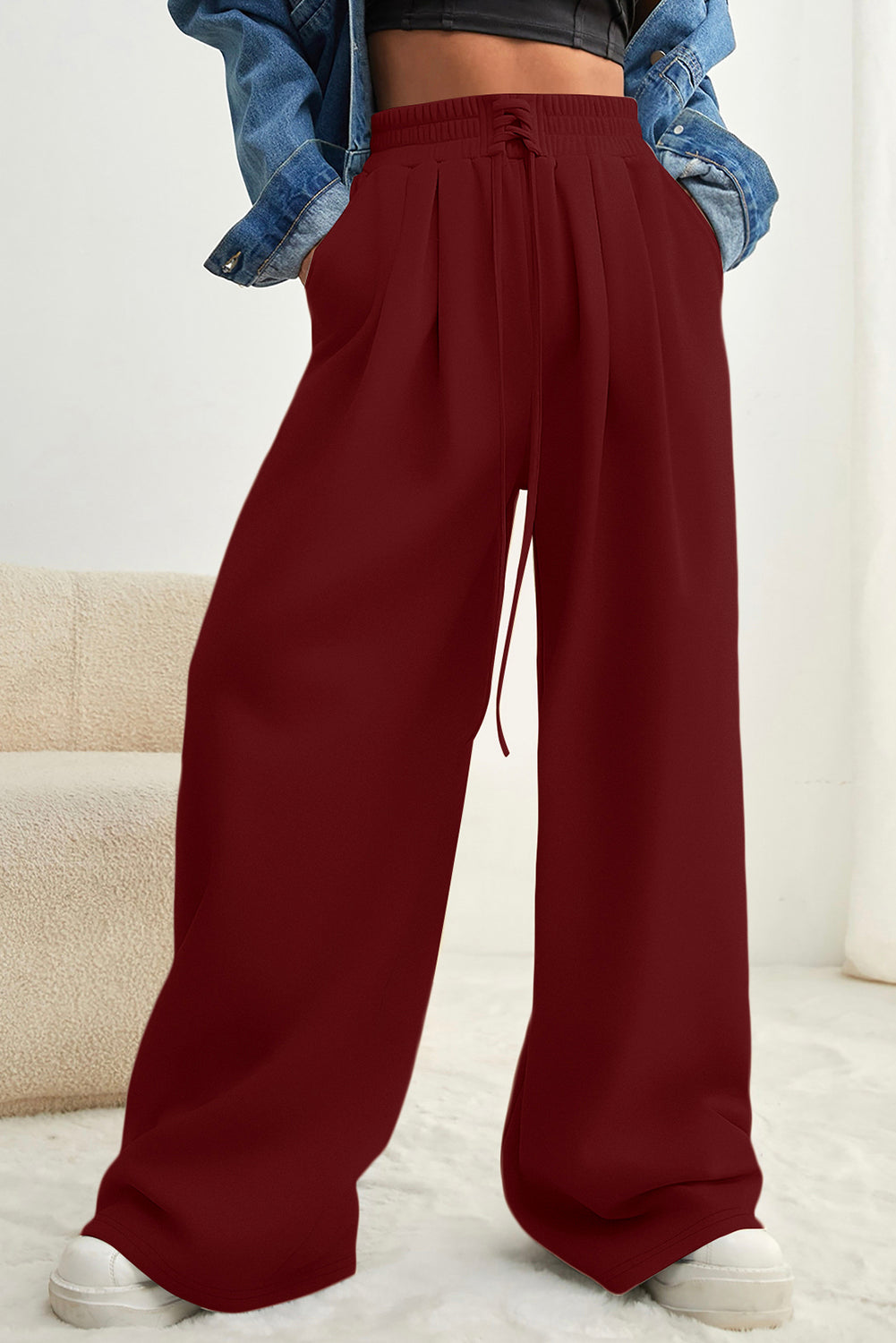 Burgundy Tied Elastic High Waist Pleated Detail Solid Sweatpants