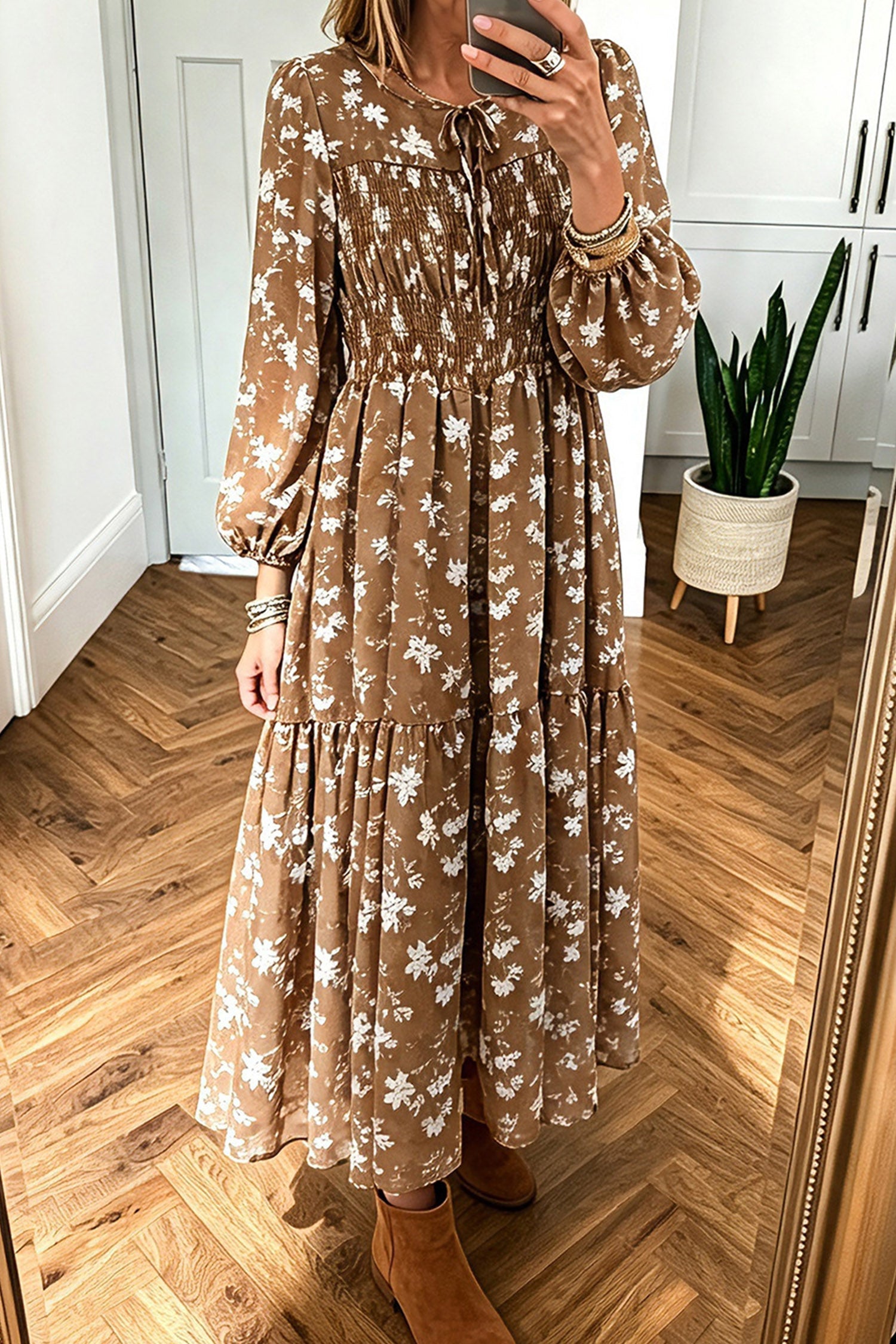Brown Floral Print Long Sleeve Tie Shirred Detail Maxi Dress