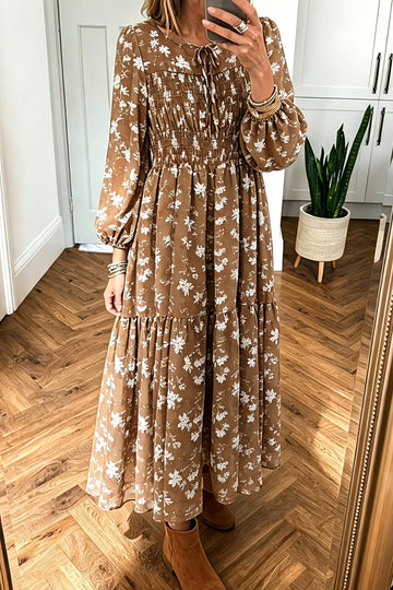 Brown Floral Print Long Sleeve Tie Shirred Detail Maxi Dress