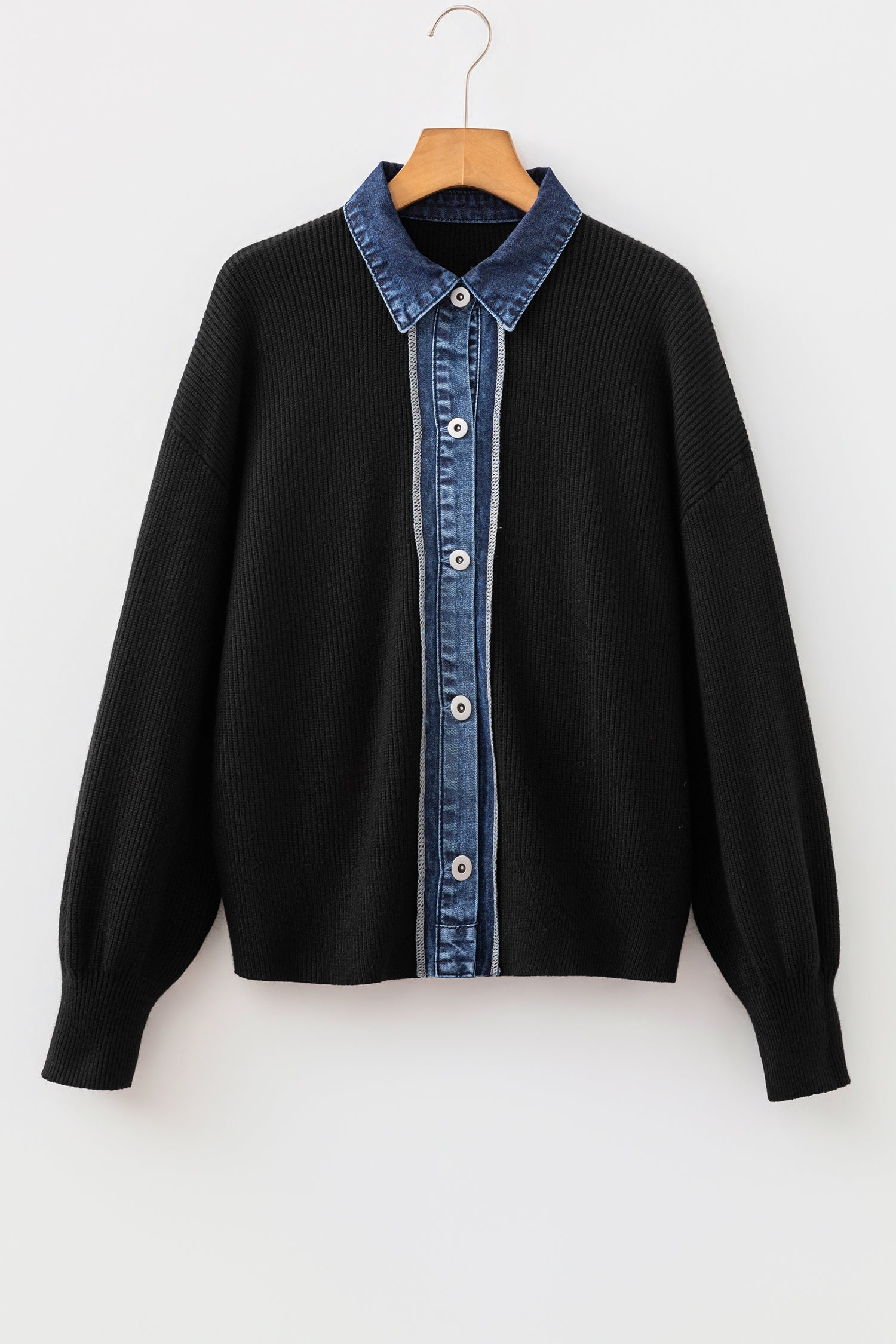 Color black Drop Shoulder Placket Paneling Shirt Collar Long Sleeve Cardigan