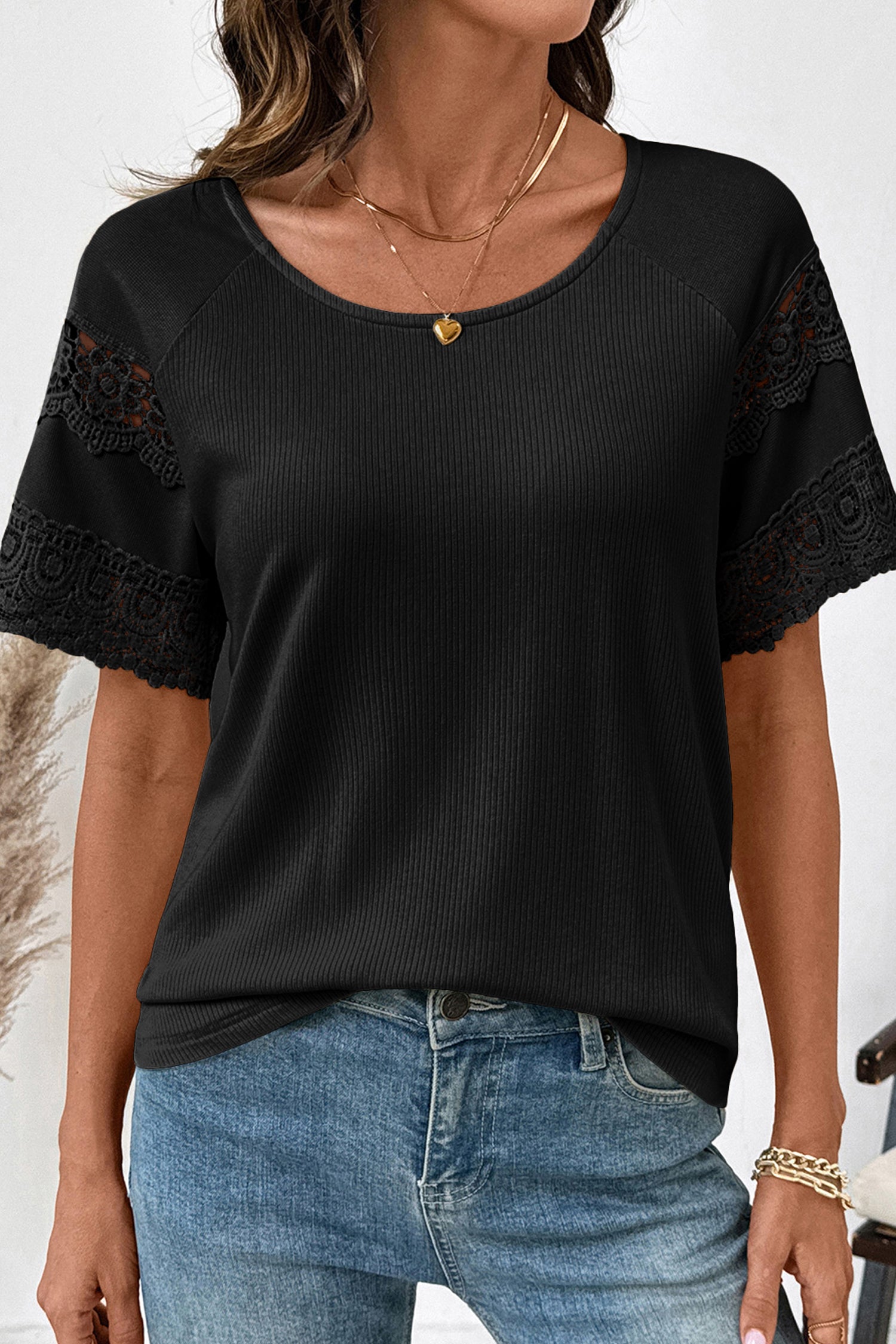 Black Ribbed Lace Patchwork Short Sleeve Top