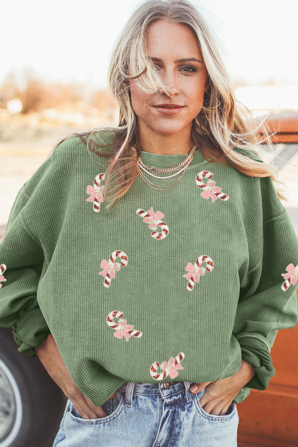 Grass Green Christmas Sequin Candy Cane Patched Corded Ribbed Baggy Sweatshirt