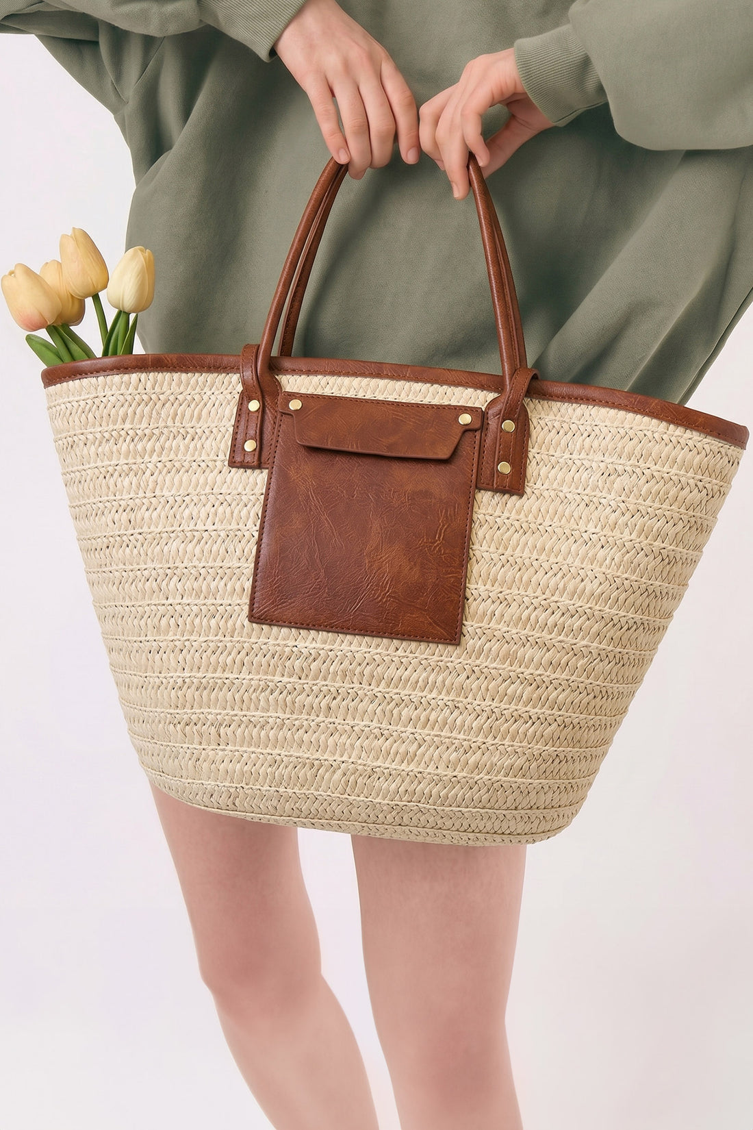 White Boho Straw Leather Accents Beach Travel Tote Bag