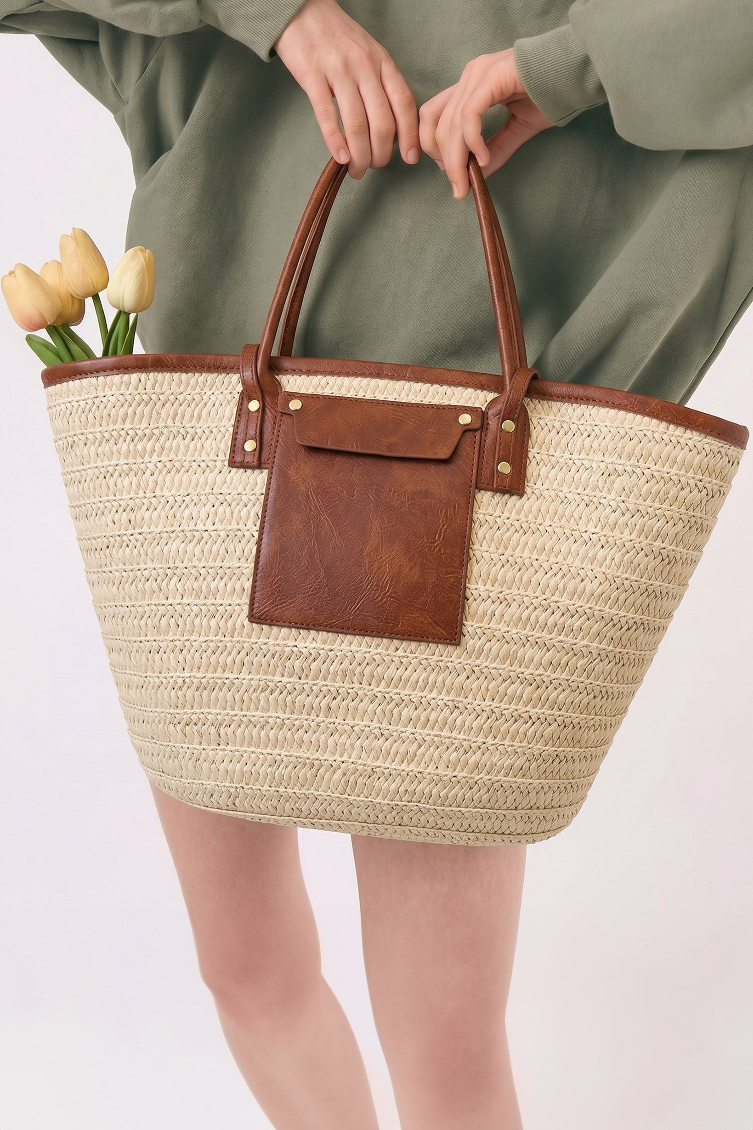 White Boho Straw Leather Accents Beach Travel Tote Bag