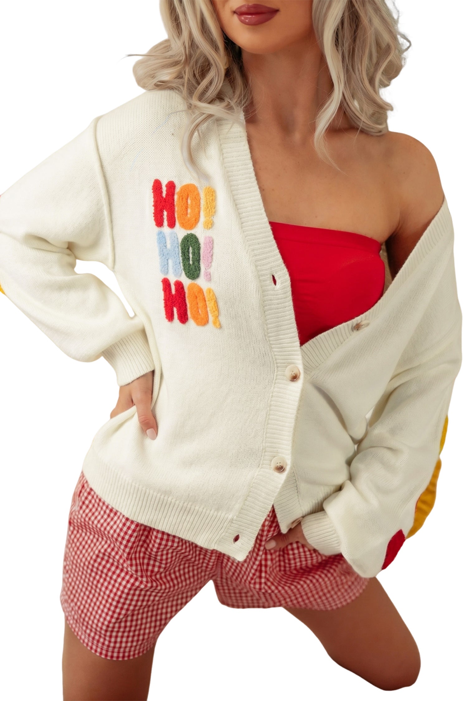 White Ho Ho Ho Slogan V Neck Button Front Embroidered Knit Cardigan