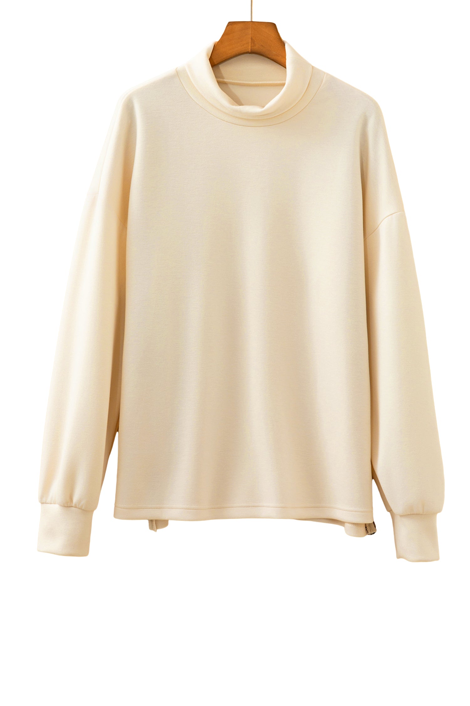 Beige Mock Neck Long Sleeve Leopard Detail Split Hem Top