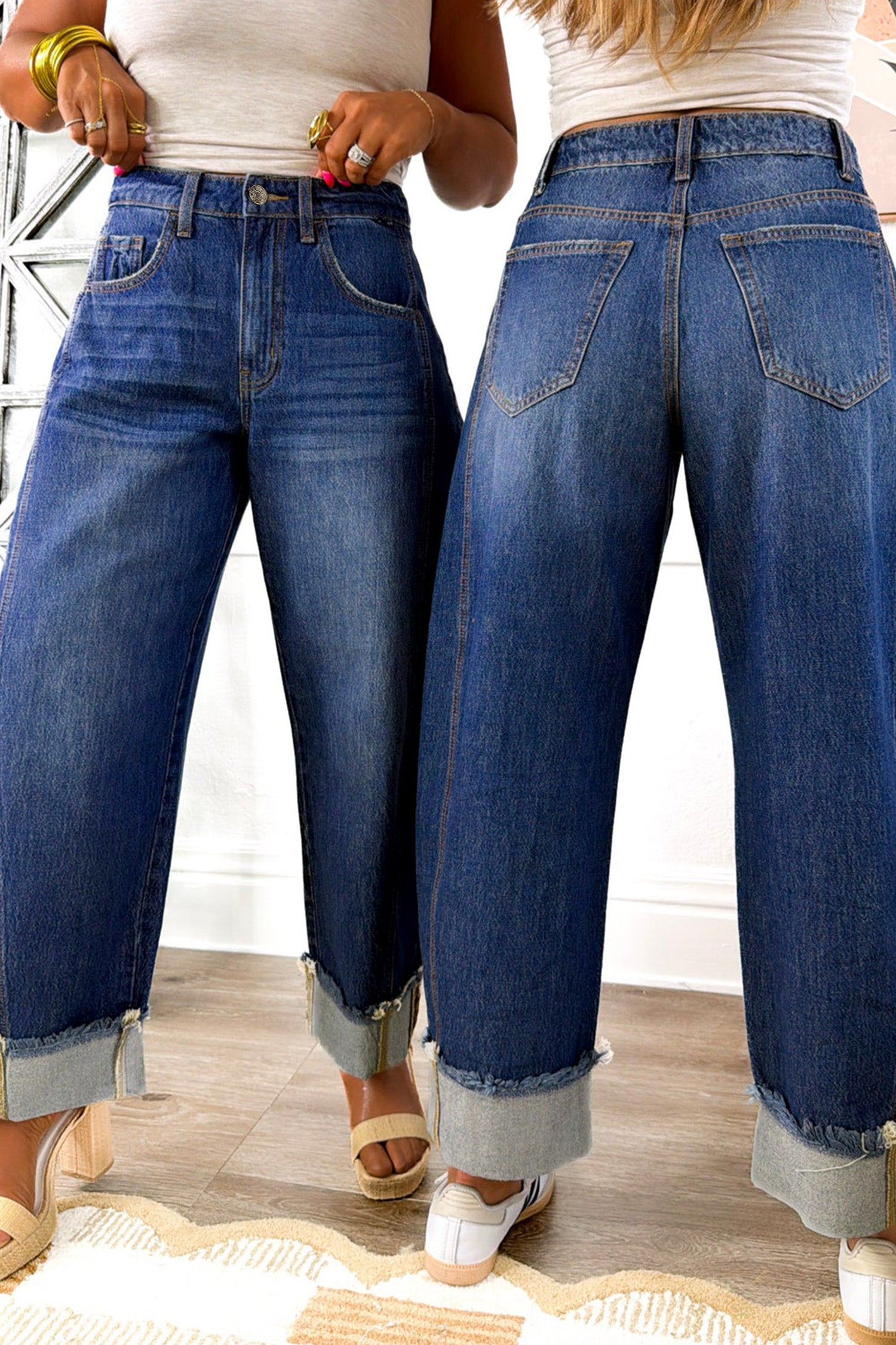 Sail Blue Raw Hem Turnup Loose Ankle-length Jeans