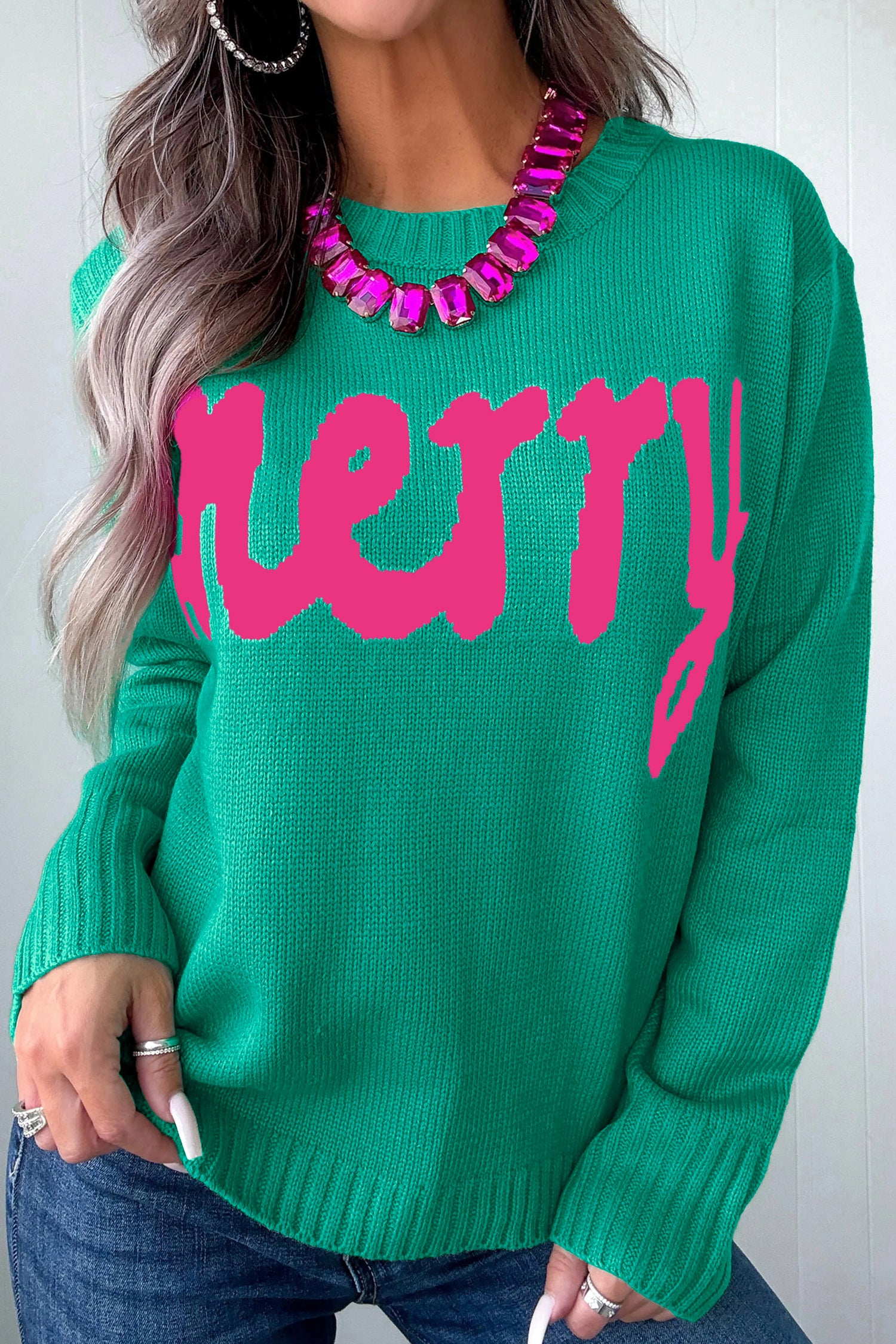 Bright Green Merry Print Ribbed Trim Round Neck Loose Fit Sweater