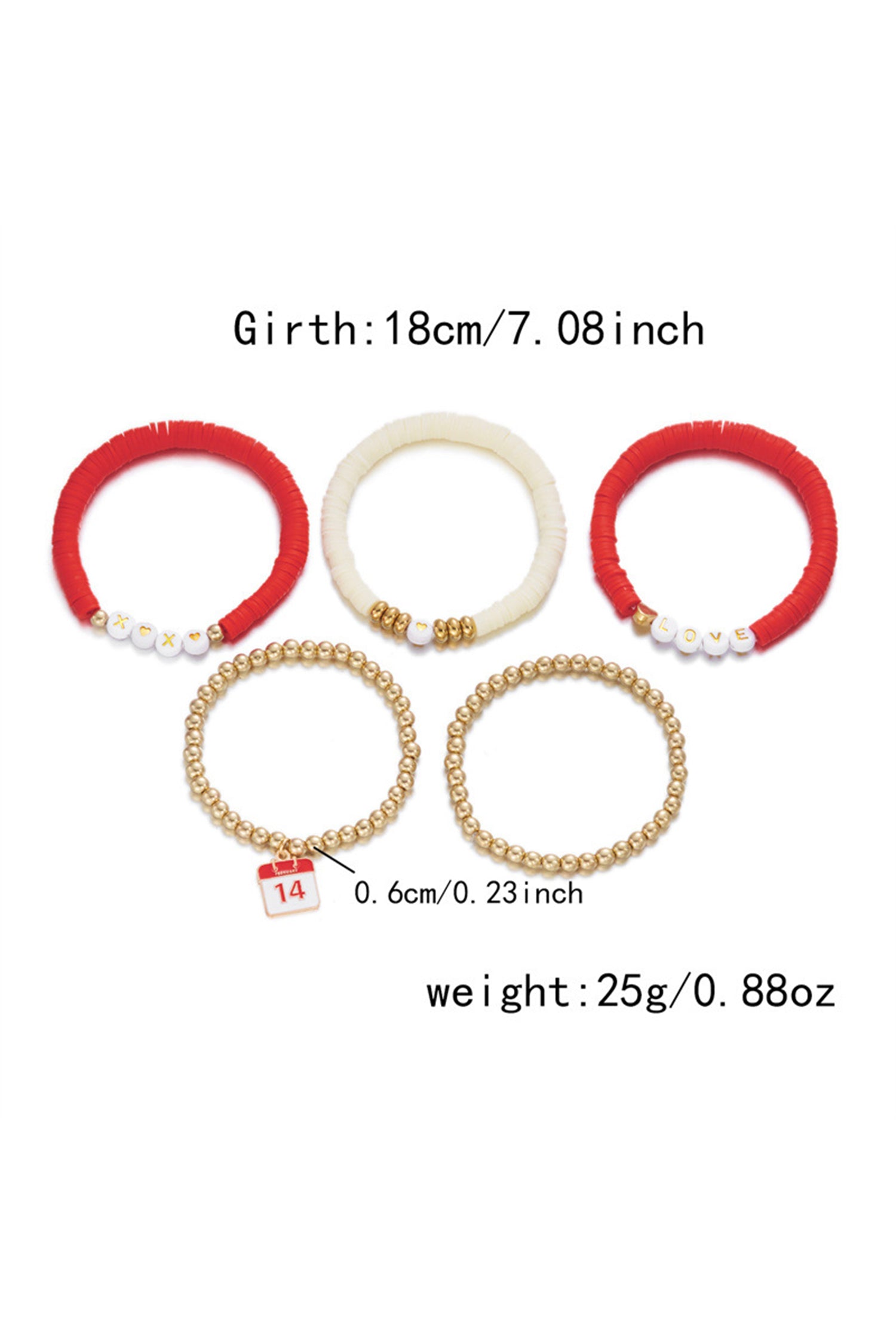 Gold Valentines Day Mixed Beads 5pcs Bracelet Set