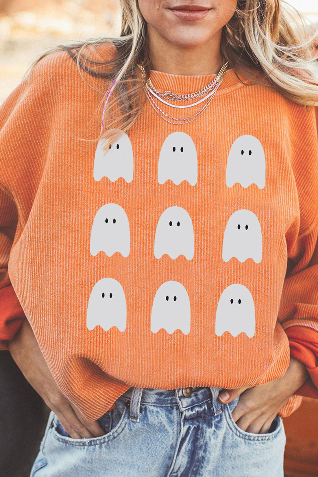 Orange Corded Round Neck Ghost Print Halloween Pullover Sweatshirt