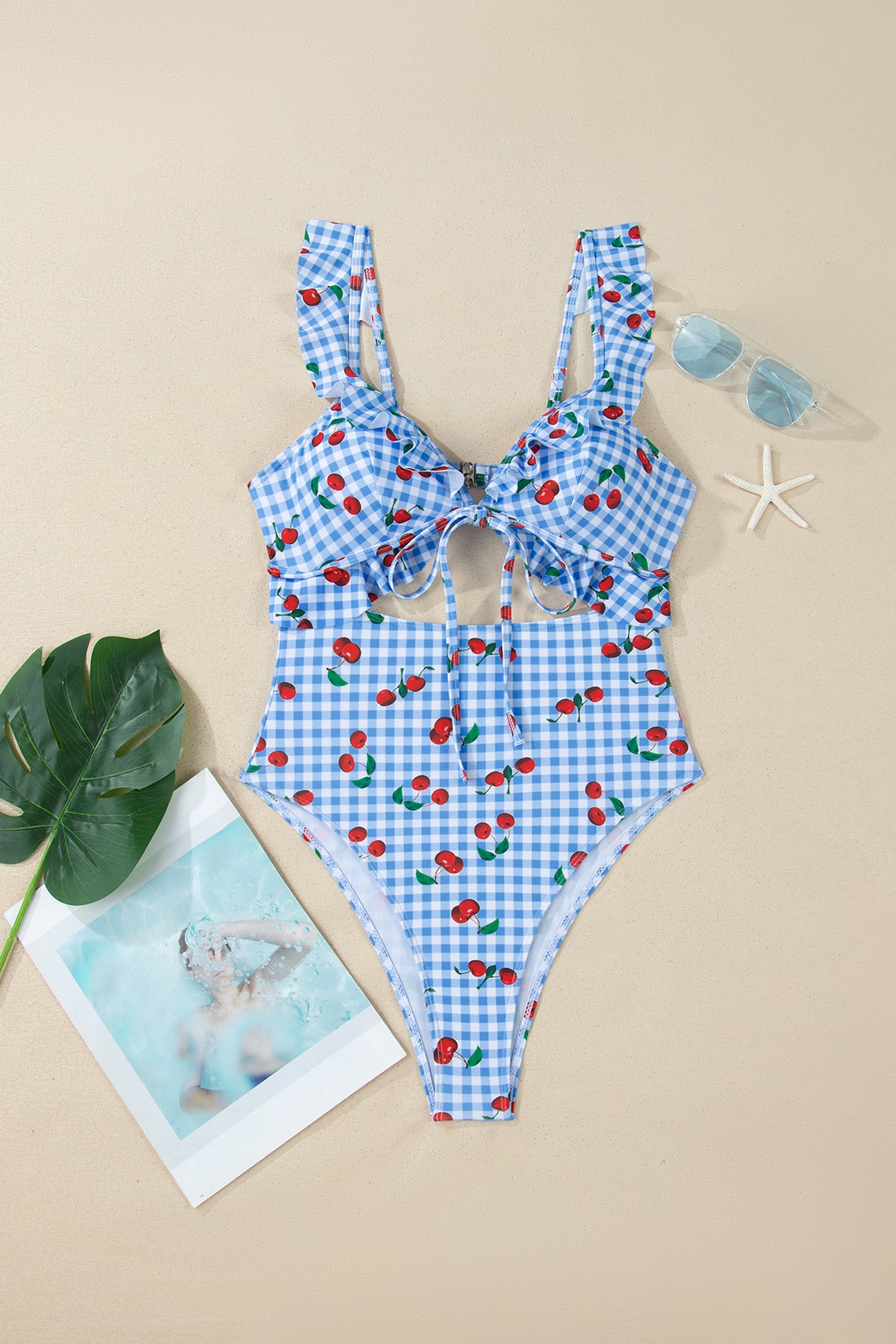 Sky Blue Plaid Cherry Print Ruffle Trim Tie Front Cutout High Waist Monokini