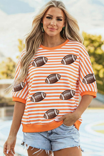 Orange Stripe Sequin Football Graphic Three Quarter Sleeve Top