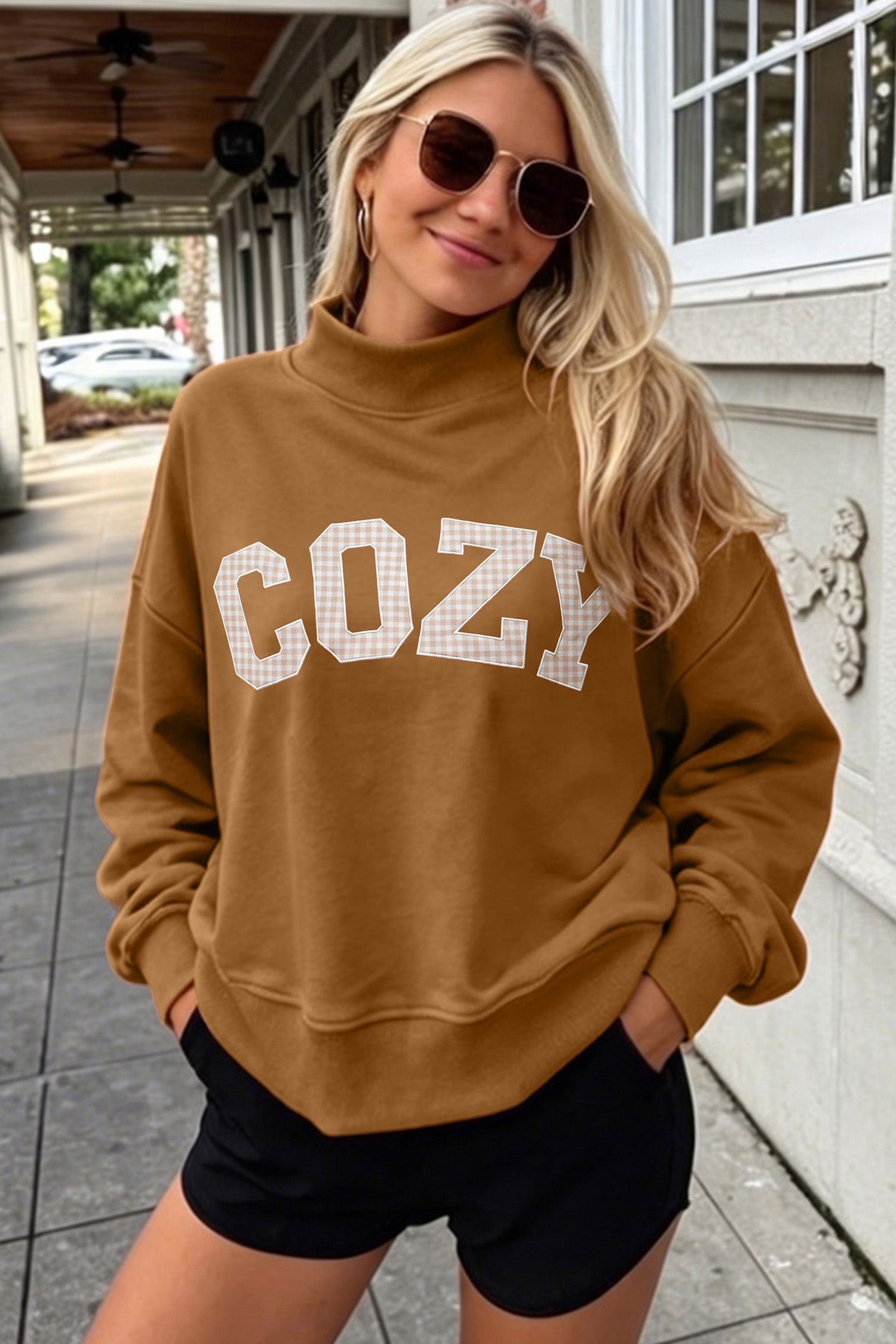 Chestnu COZY Embroidered Long Sleeve Stand Neck Shift Pullover Sweatshirt