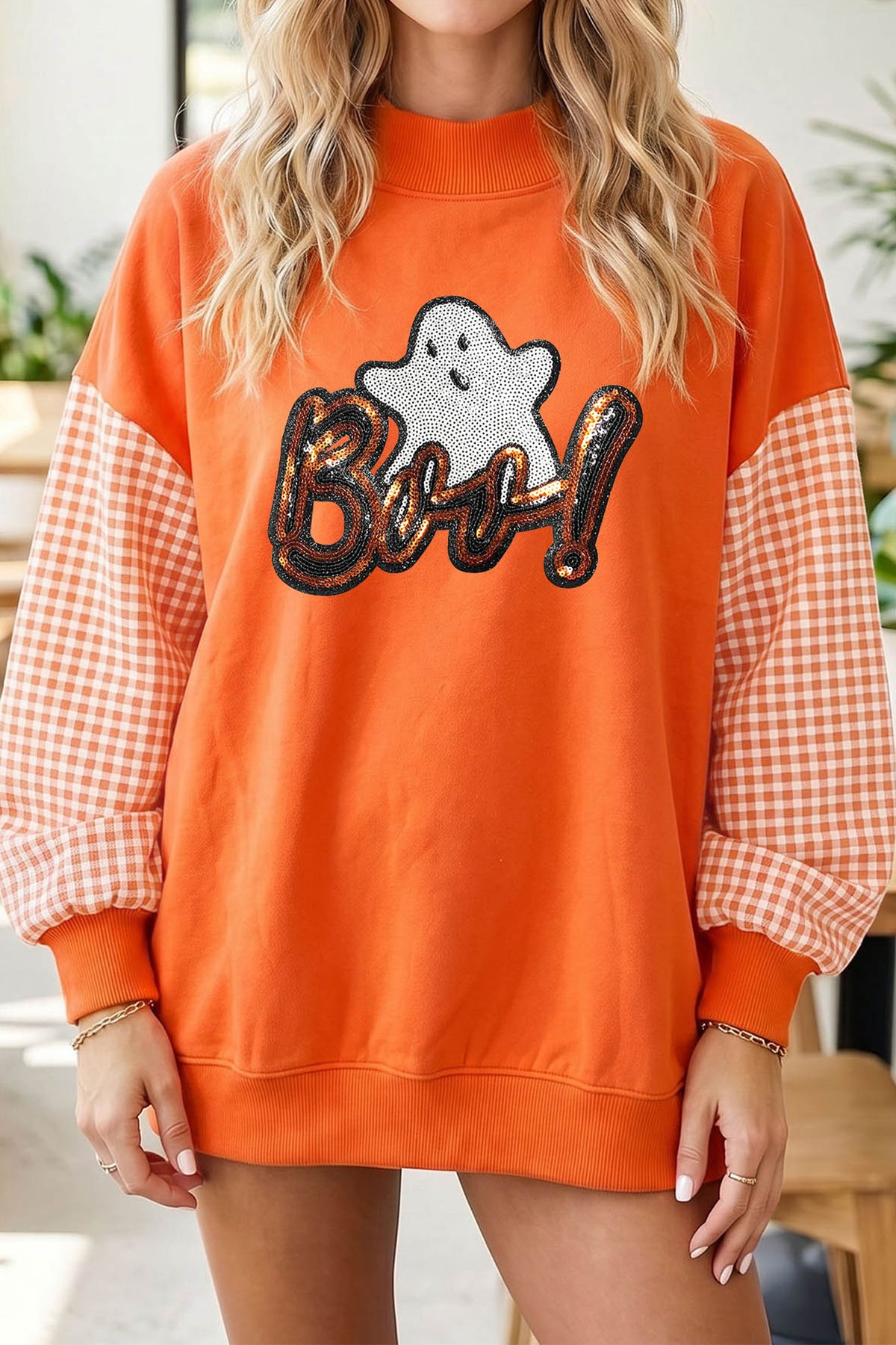 Russet Orange Boo Sequin Ghost Plaid Patchwork Sleeve Halloween Pullover Sweatshirt