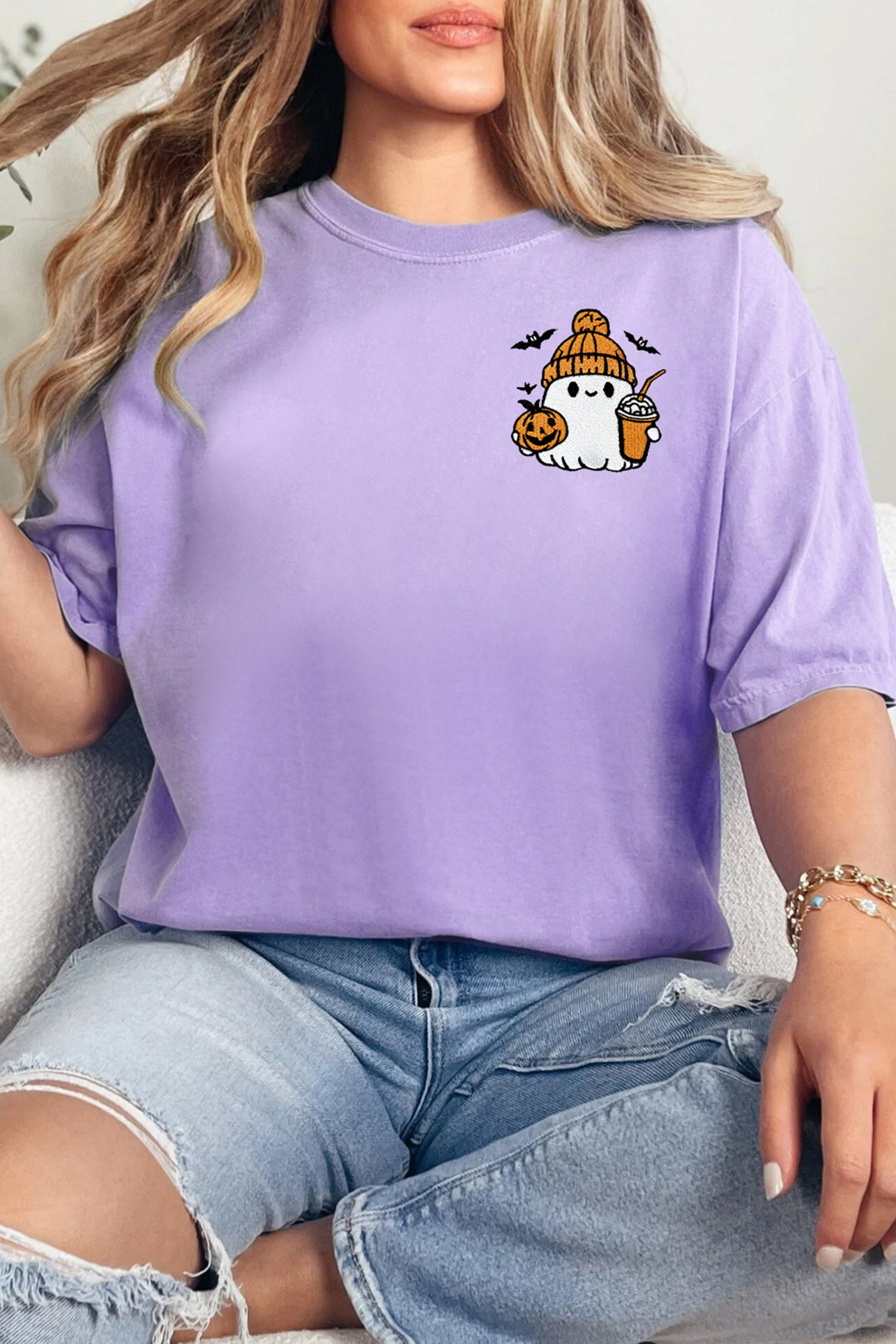 Wisteria Embroidered Halloween Ghost Cuffed Short Sleeve Graphic T-Shirt
